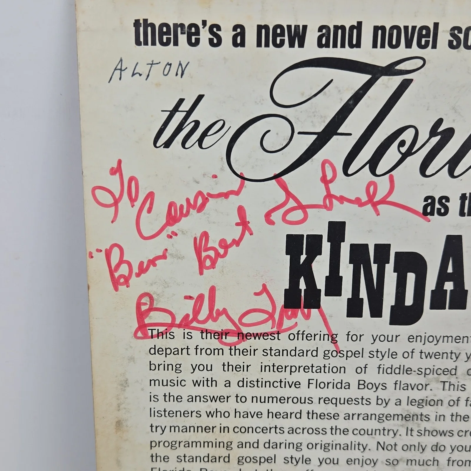 The Florida Boys Sing Kinda Country Vinyl Record Canaan CAS 9801-LP Autographed, изображение 4