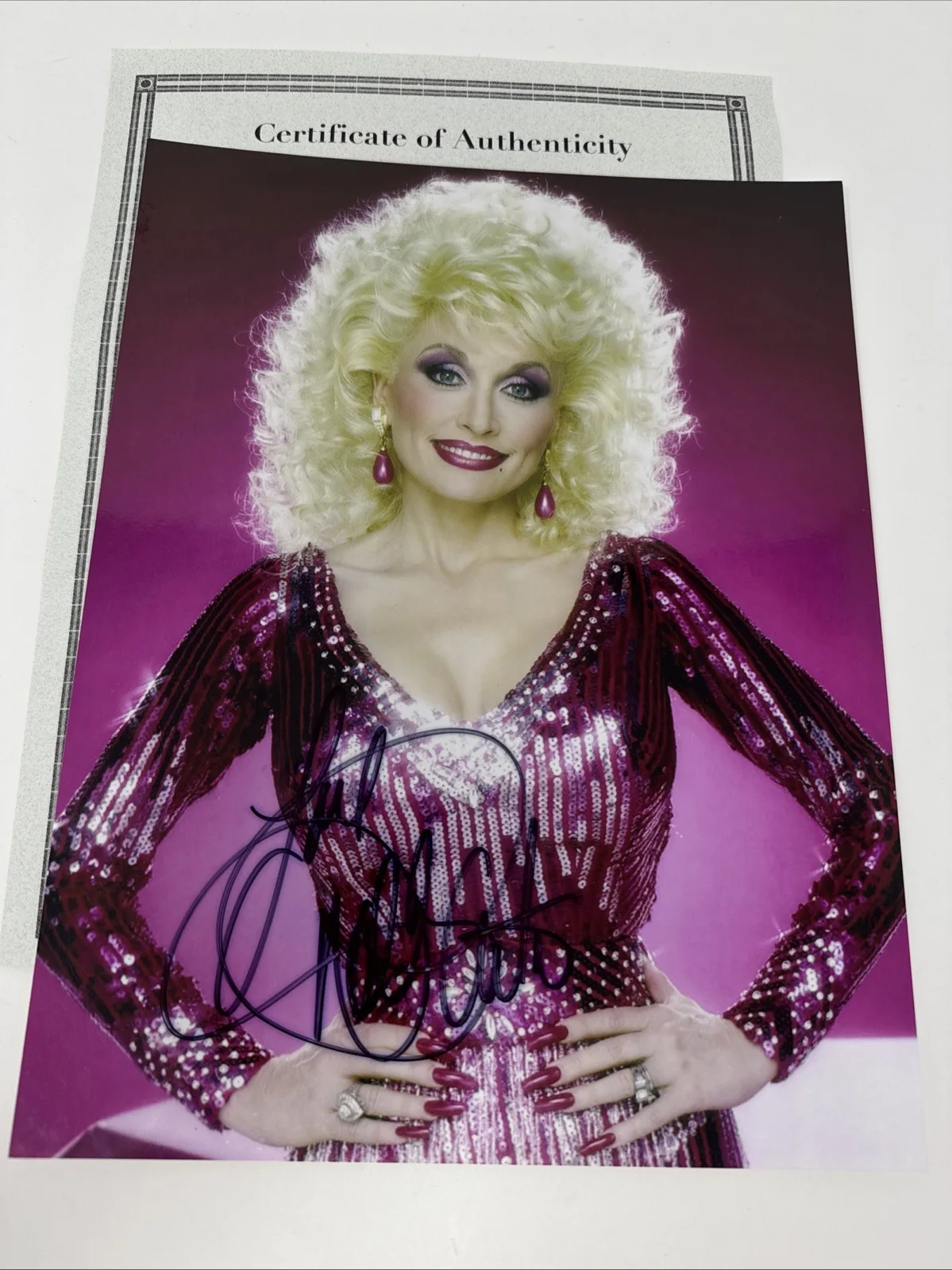 DOLLY PARTON Autographed 8.5 x 11 Hand Signed Photo COA early big hair sparkly, image 4