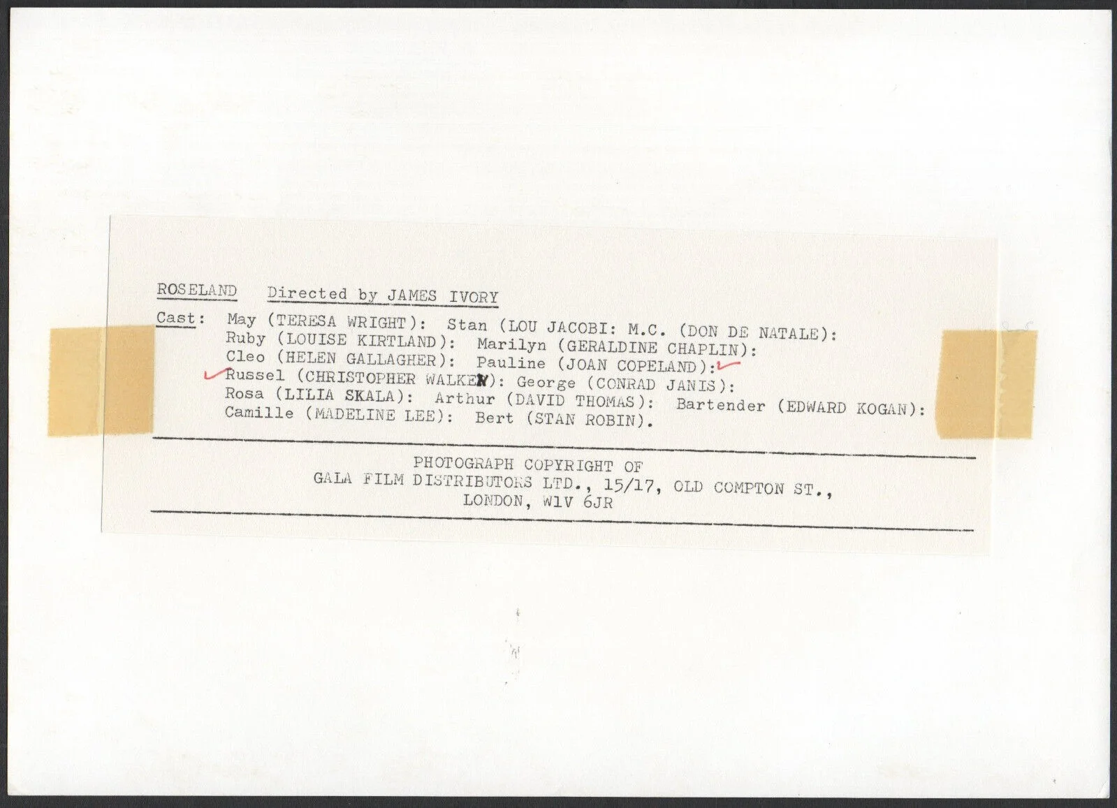 ROSELAND 1977 James Ivory - Christopher Walken, Joan Copeland STILL, image 2