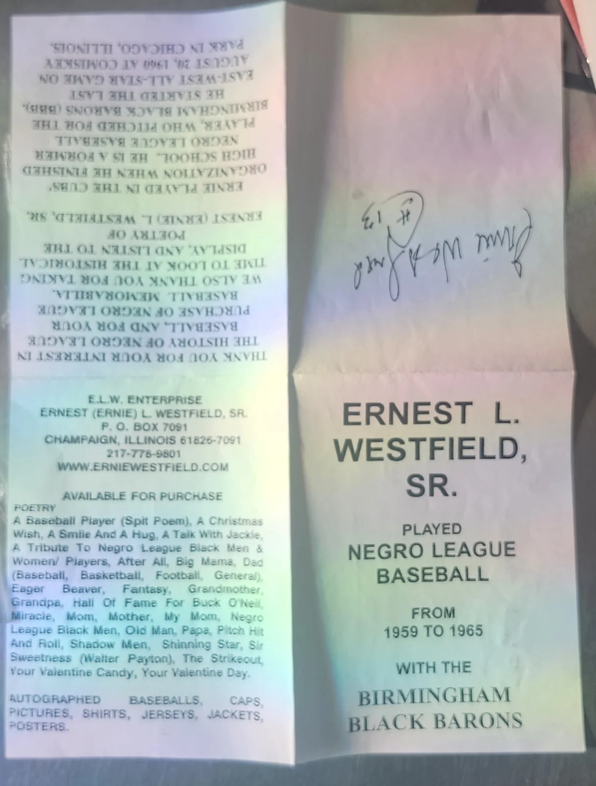 Ernest Westfield Sr — Ernie Westfield Sr. Signed Autographed Pamphlet Birmingham Black Barons, image 4