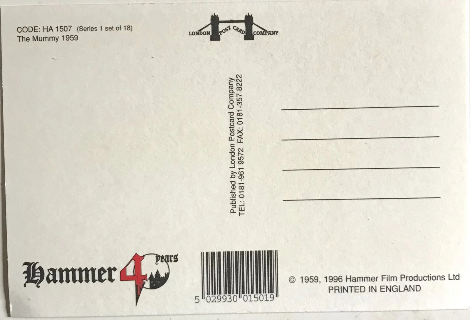 THE MUMMY HAMMER Horror Postcard Cushing Lee Rare Classic Collectable 1959 1996, изображение 2