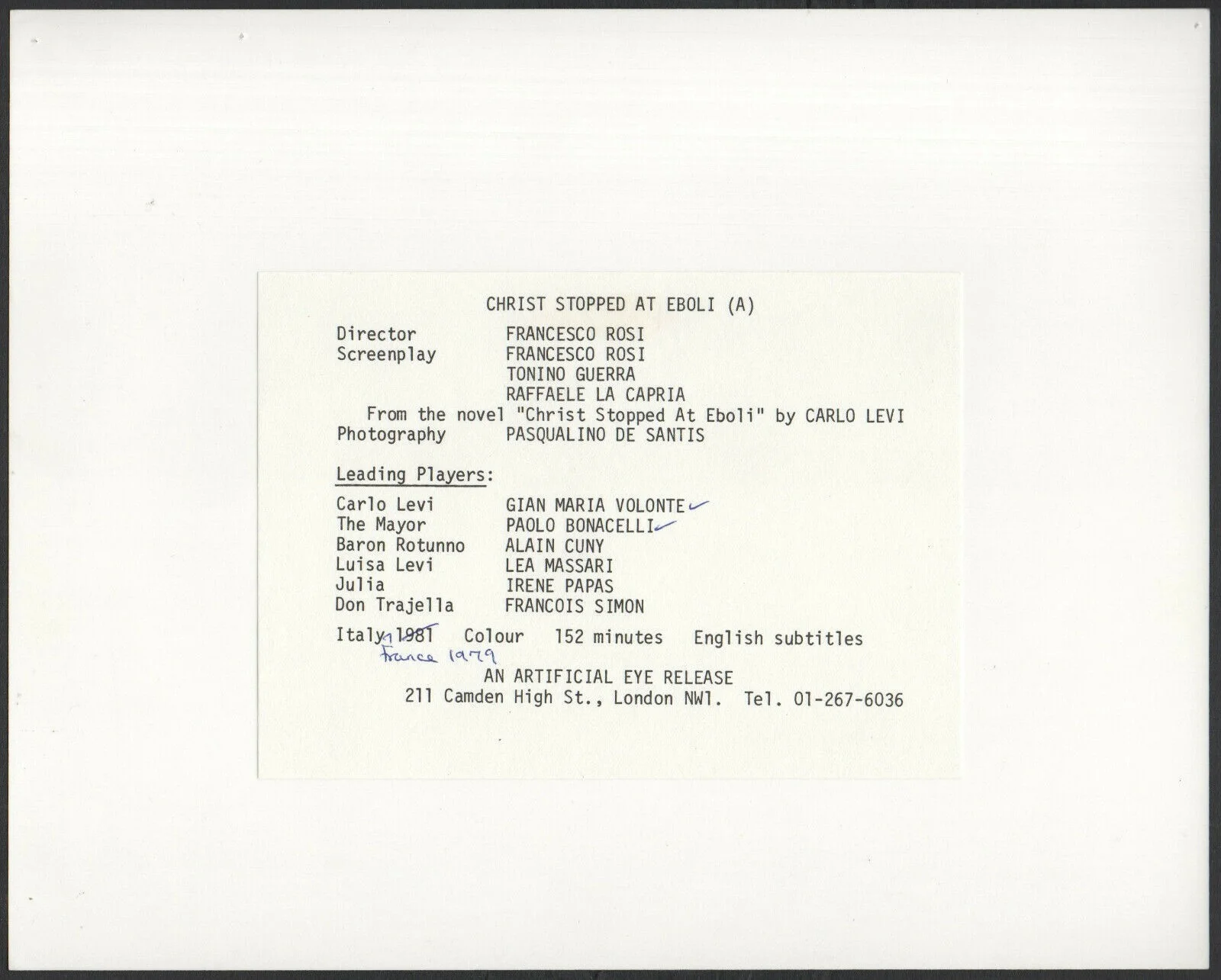 CHRIST STOPPED AT EBOLI 1979 Gian Maria Volonte Paolo Bonacelli 10x8 STILL #7, image 2