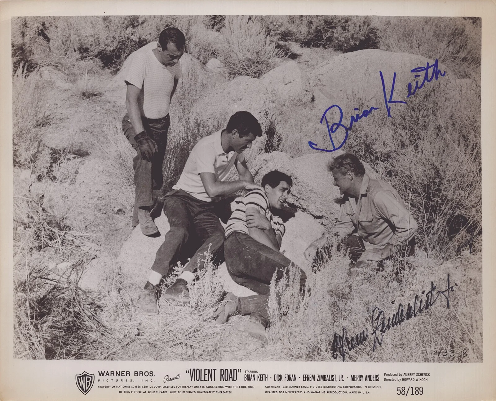 Brian Keith, Efrem Zimbalist Jr — VIOLENT ROAD MOVIE CAST - AUTOGRAPHED SIGNED PHOTOGRAPH WITH CO-SIGNERS