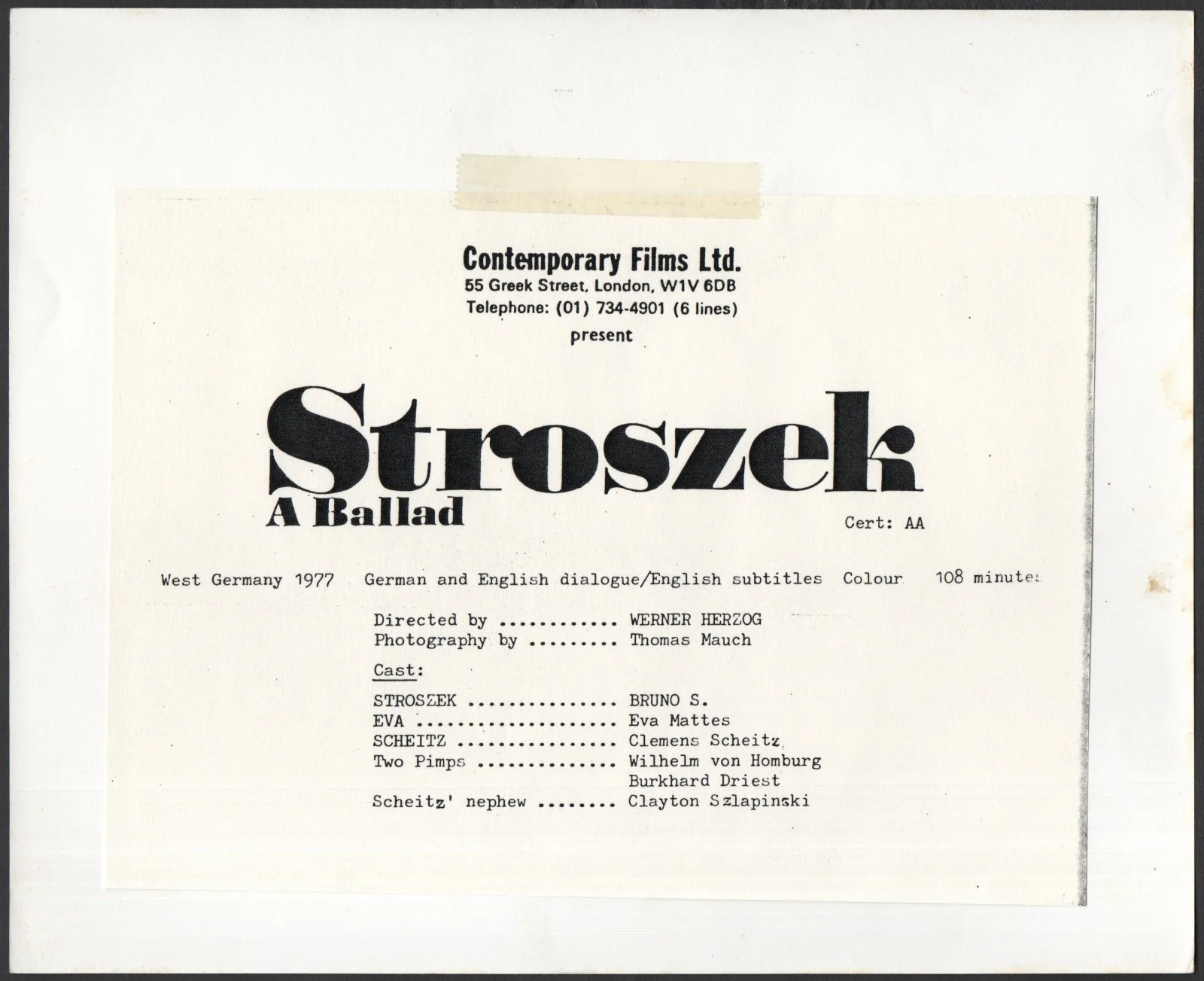 STROSZEK 1977 Werner Herzog, Bruno S., Eva Mattes, Clemens Scheitz 2 10x8 STILLS, изображение 2