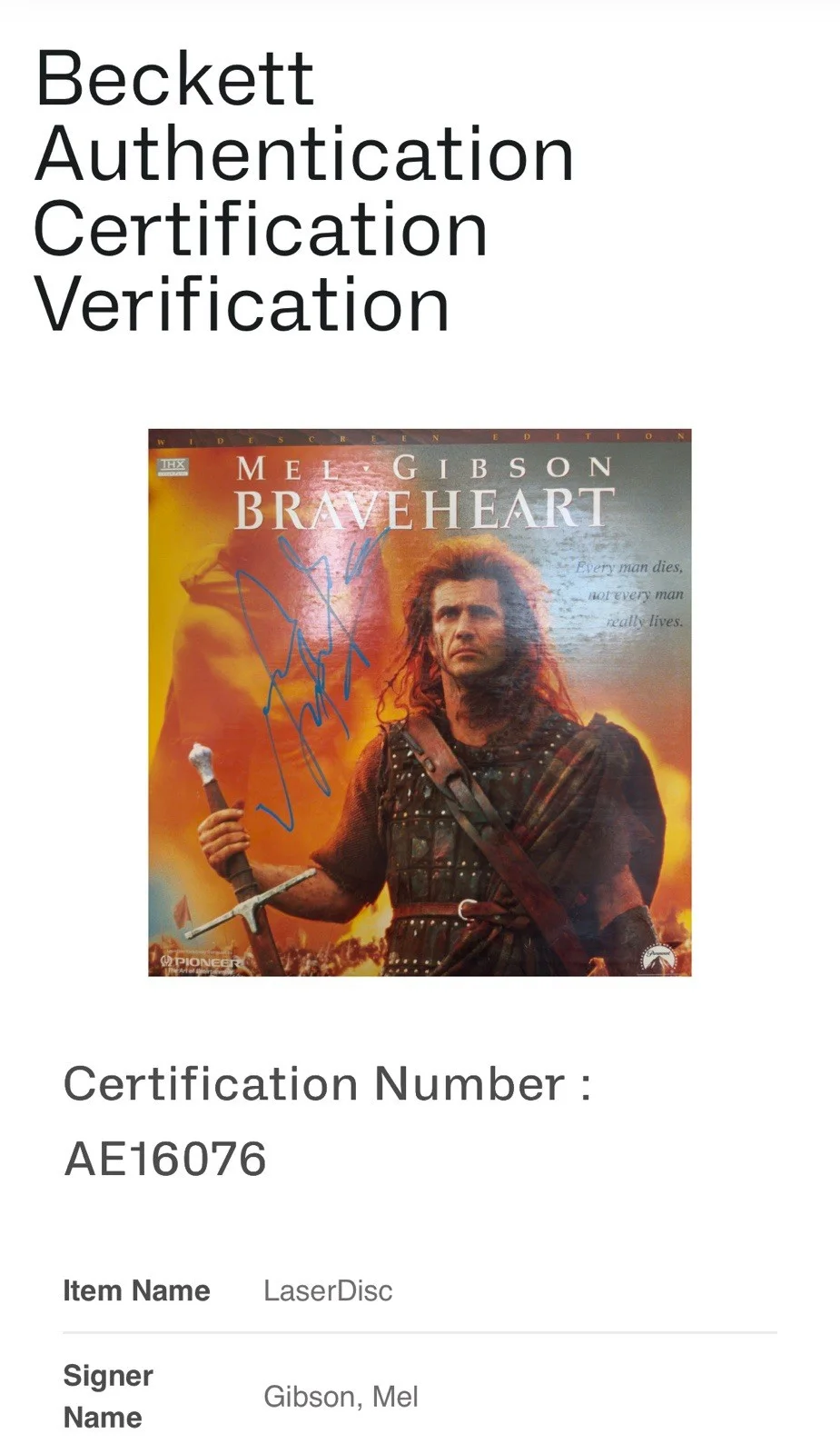 Mel Gibson — MEL GIBSON SIGNED BRAVEHEART LASERDISC AUTOGRAPH BAS LOA, image 4