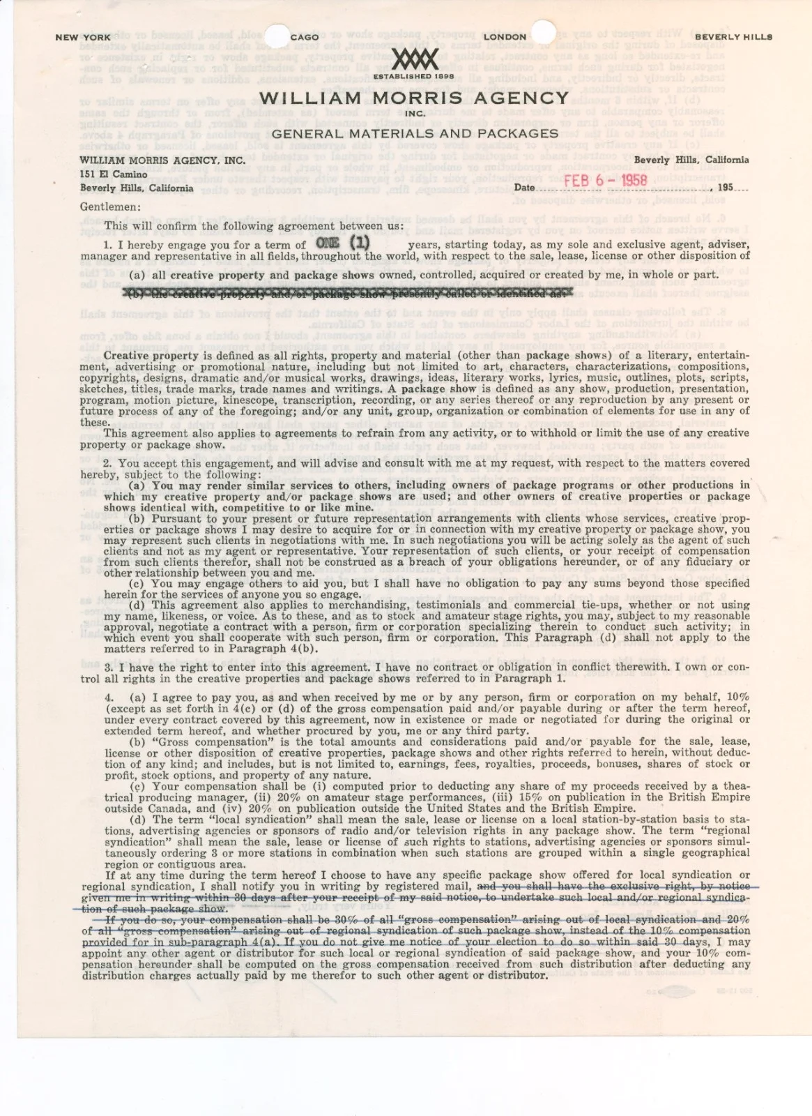 George Raft — GEORGE RAFT - WILLIAM MORRIS AGENCY DOCUMENT SIGNED 02/06/1958 -C0A