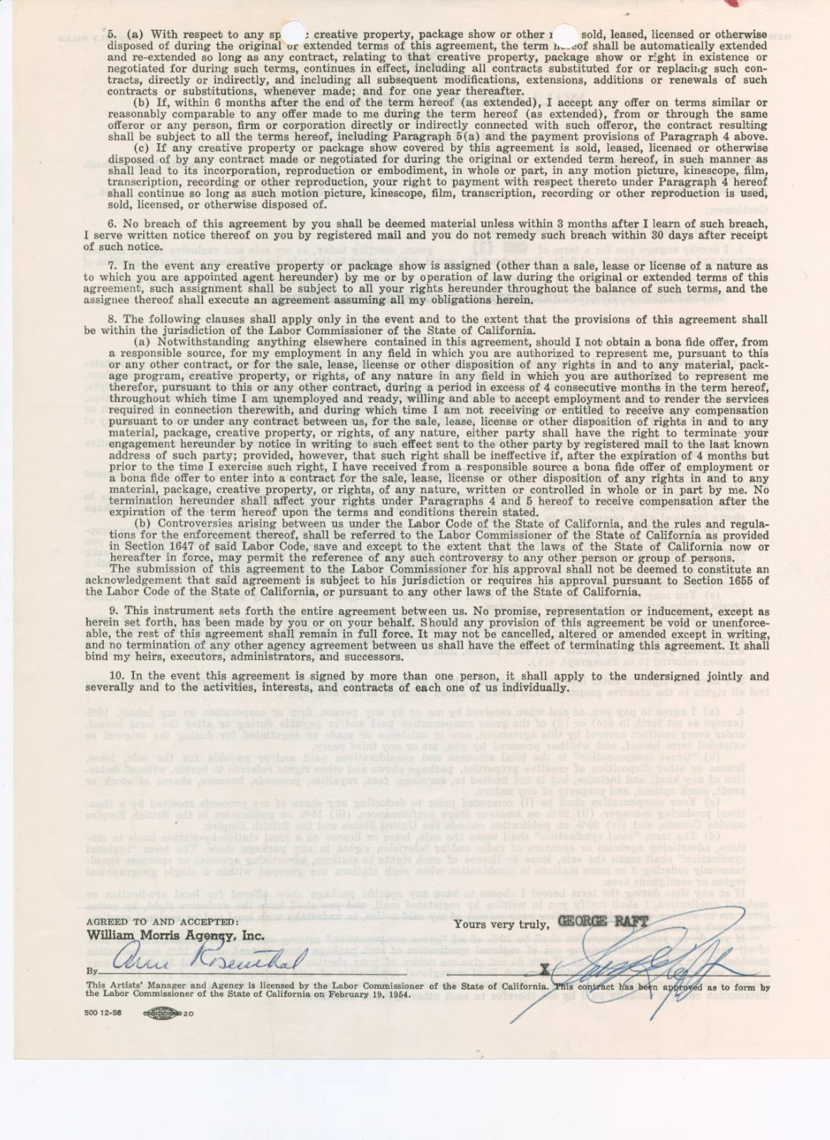 George Raft — GEORGE RAFT - WILLIAM MORRIS AGENCY DOCUMENT SIGNED 02/06/1958 -C0A, image 2