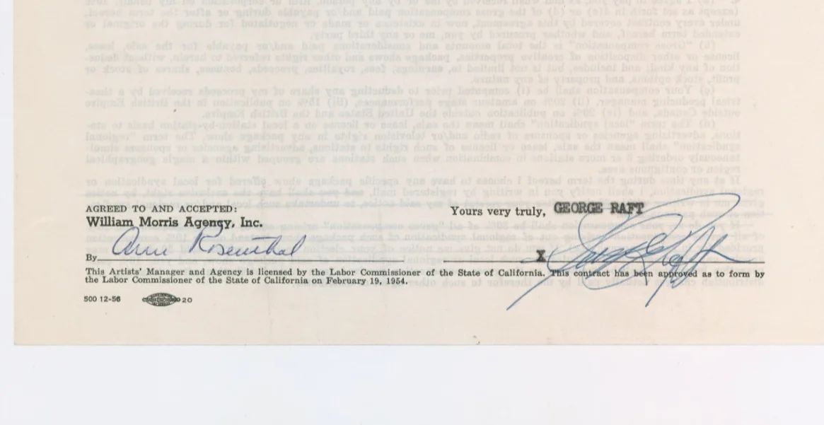 George Raft — GEORGE RAFT - WILLIAM MORRIS AGENCY DOCUMENT SIGNED 02/06/1958 -C0A, image 3