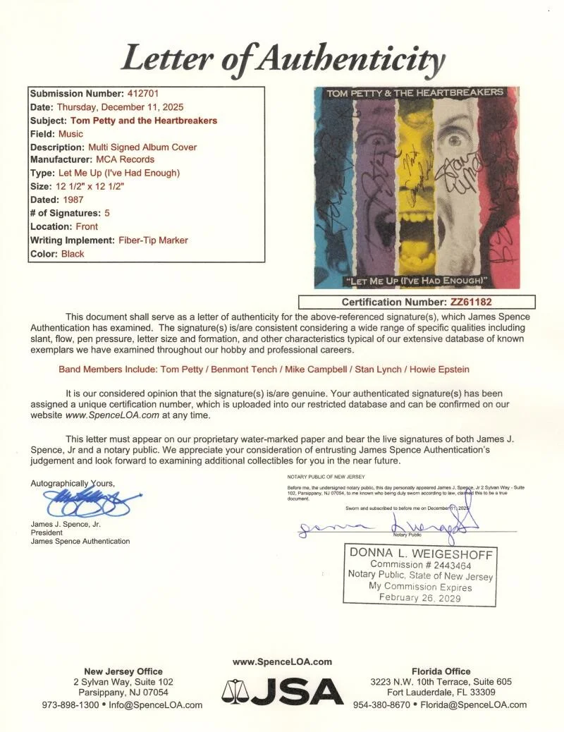 Mike Campbell, Howie Epstein, Stan Lynch, Tom Petty, Benmont Tenc — Tom Petty & the Heartbreakers Signed Autograph Let Me Up Album Record w/ JSA COA, изображение 4