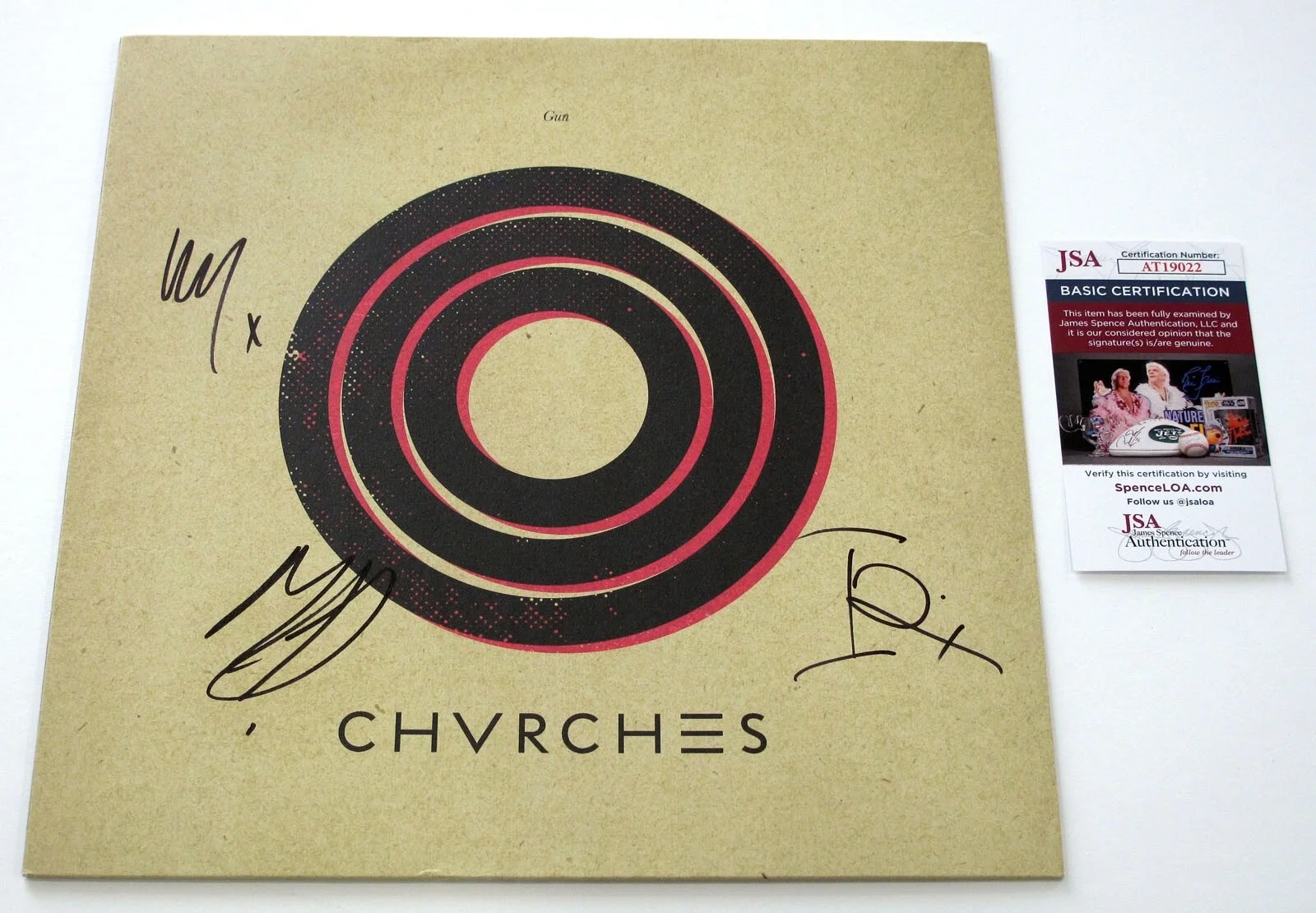 CHVRCHES - LAUREN MAYBERRY, IAIN COOK, MARTIN — Chvrches Band All 3 signed "GUN" Vinyl Album Cover B Lauren Mayberry JSA COA