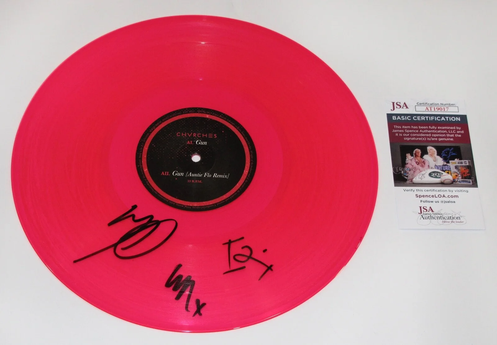 CHVRCHES - LAUREN MAYBERRY, IAIN COOK, MARTIN DOHERTY — CHVRCHES All 3 signed "GUN" Pink Vinyl Record b Lauren Mayberry JSA COA Rare