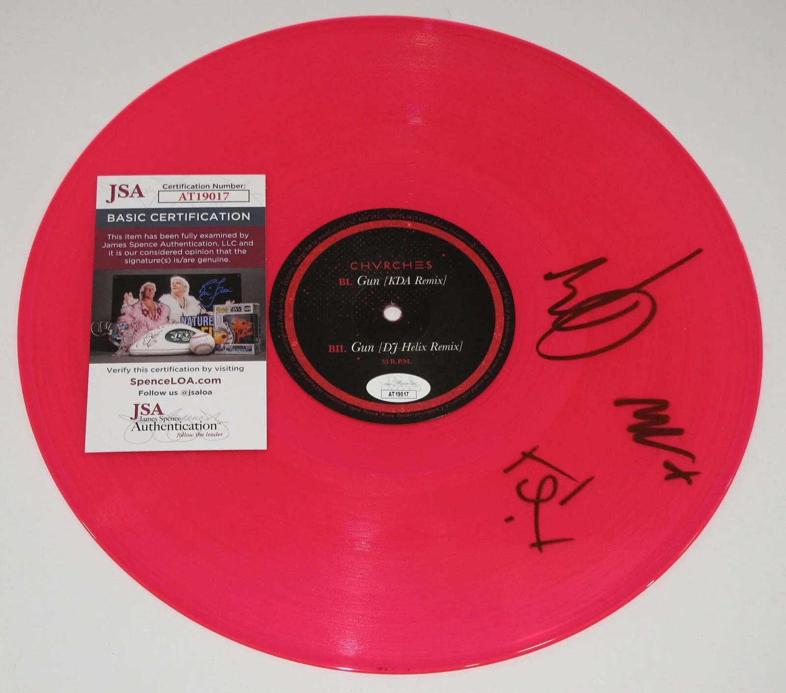 CHVRCHES - LAUREN MAYBERRY, IAIN COOK, MARTIN DOHERTY — CHVRCHES All 3 signed "GUN" Pink Vinyl Record b Lauren Mayberry JSA COA Rare, image 4