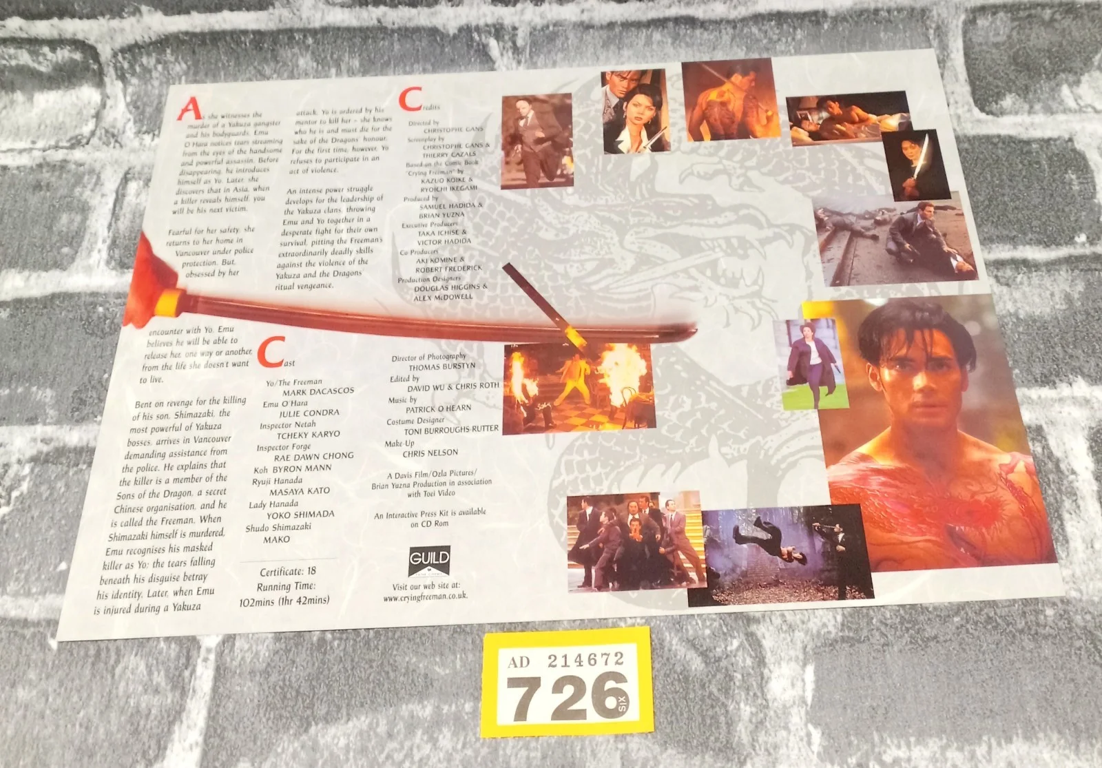 Crying Freeman Promotional Card Synopsis Cast & Crew Movie Film Poster Y726, изображение 2
