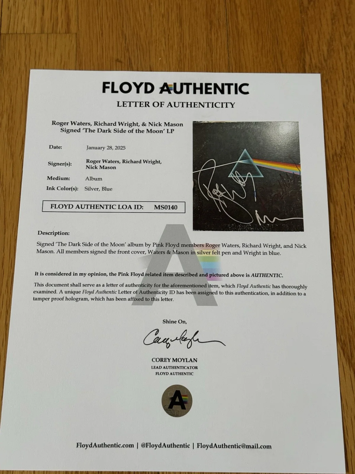 Waters, Wright, Mason — Richard Wright Roger Waters Mason Signed Dark Side Moon Album Pink Floyd JSA, image 4