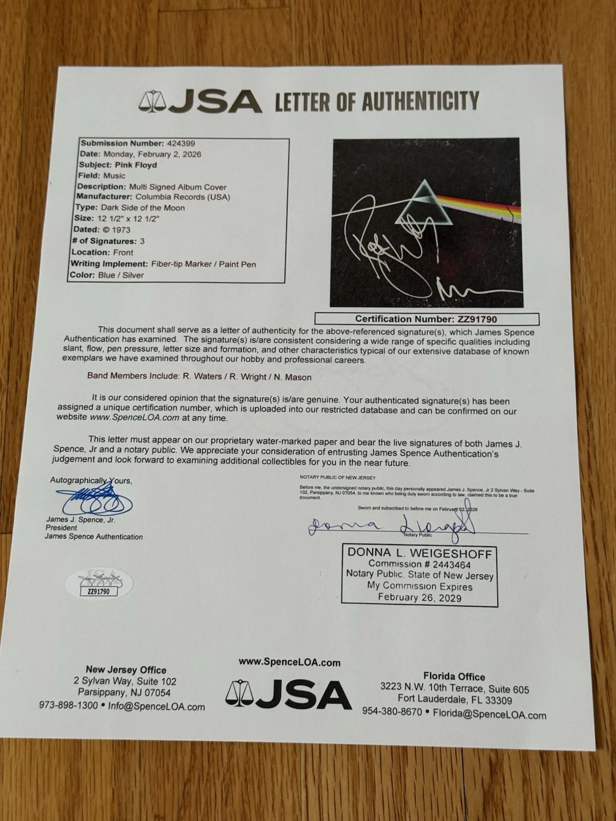 Waters, Wright, Mason — Richard Wright Roger Waters Mason Signed Dark Side Moon Album Pink Floyd JSA, image 5