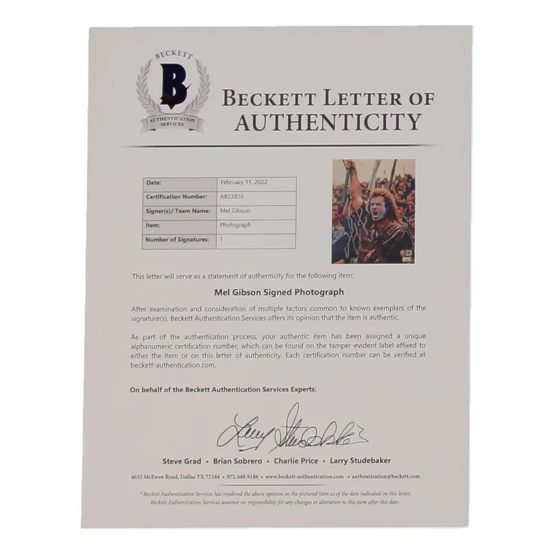Mel Gibson — Mel Gibson Signed "Braveheart" Autograph 8x10 Photo (Beckett), image 2