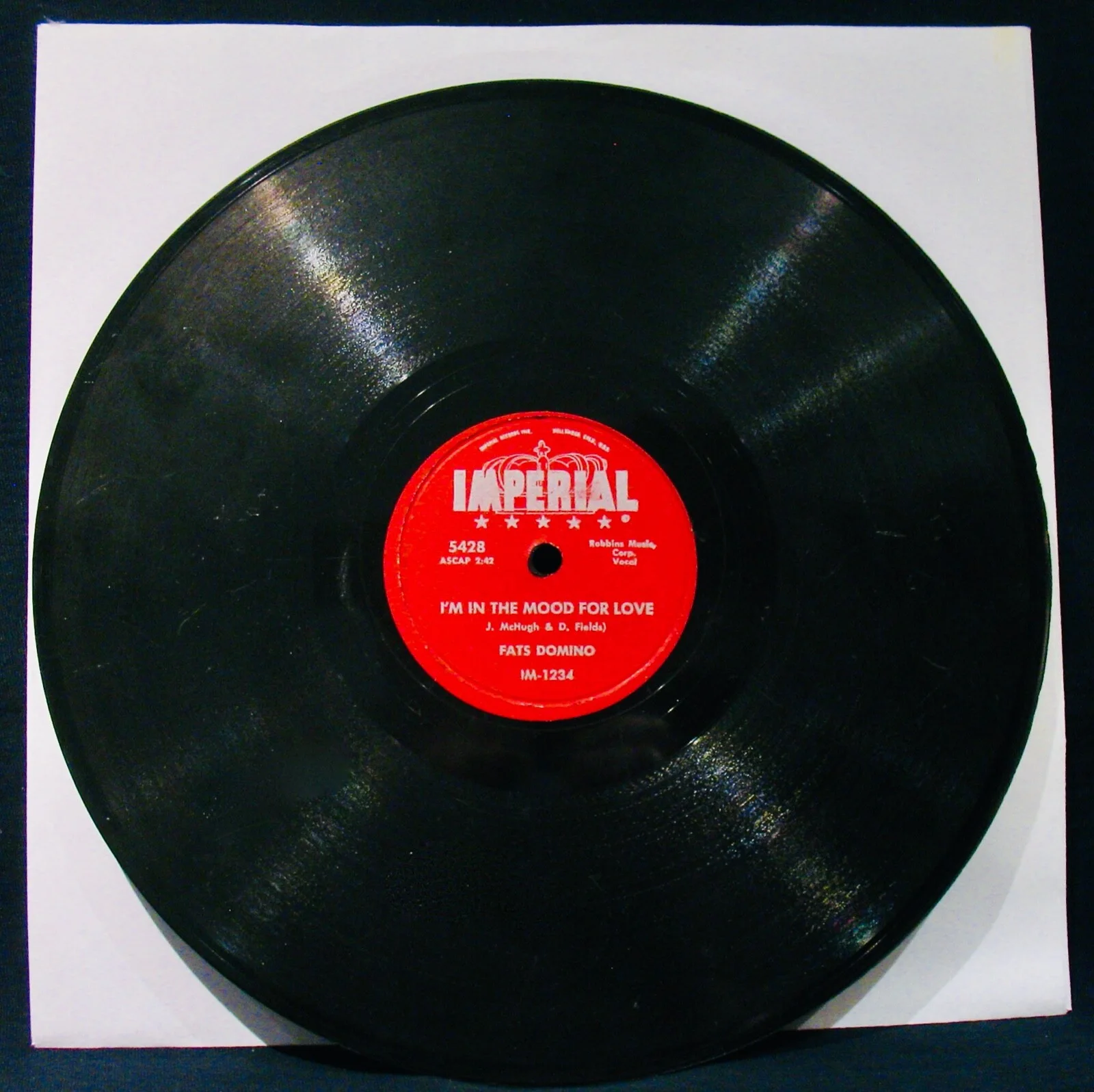 FATS DOMINO~Signed "I'M WALKIN' & I'M IN THE MOOD FOR LOVE" 78~IMPERIAL #5428, изображение 2