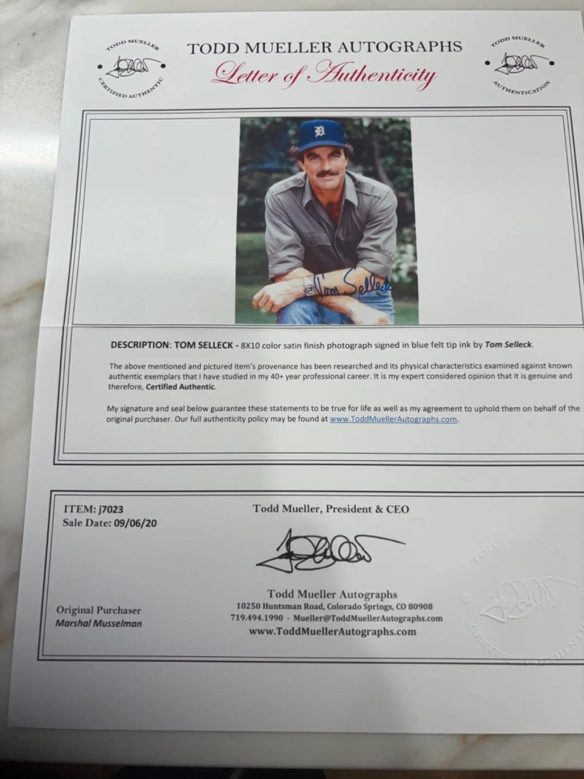 Tom selleck — Tom Selleck signed photo, Magnum PI, coa from Todd Mueller, image 2