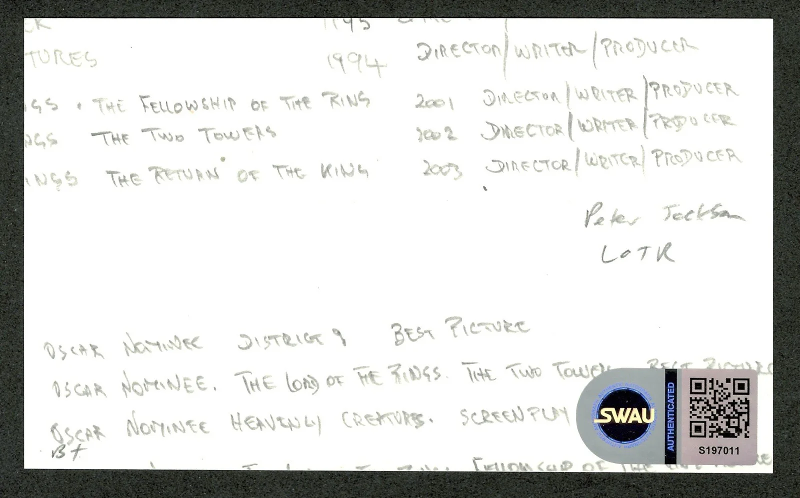 Peter Jackson Signed Autographed 3x5 Card SWAU Authenticated Lots Of The Rings, image 2