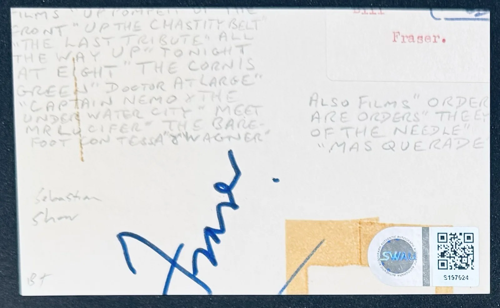 Sebastian Shaw Signed Autographed 3x5 Card SWAU Cert Star Wars Darth Vader, изображение 2