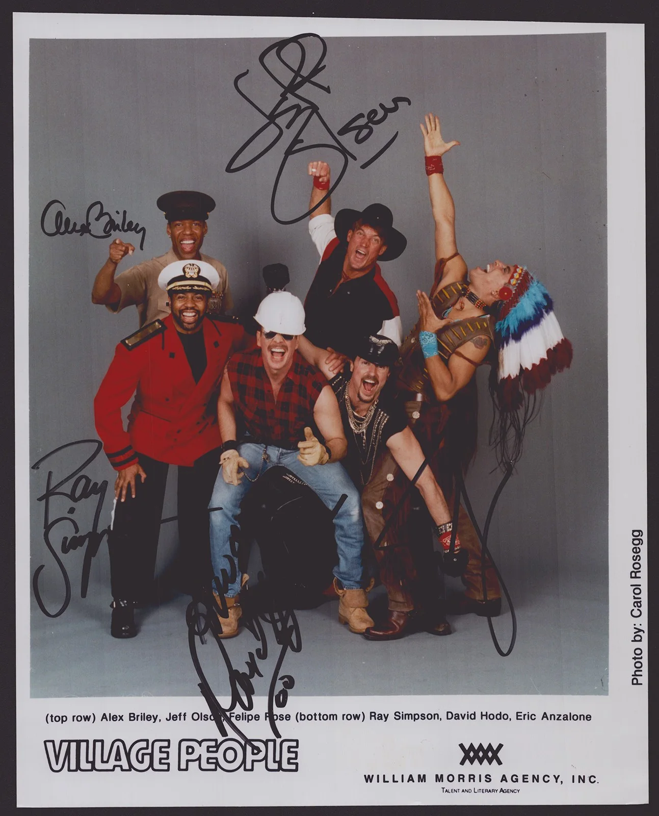 Village People, Eric Anzalone, David Hodo, Ray Simpson — VILLAGE PEOPLE - AUTOGRAPHED SIGNED PHOTOGRAPH WITH CO-SIGNERS