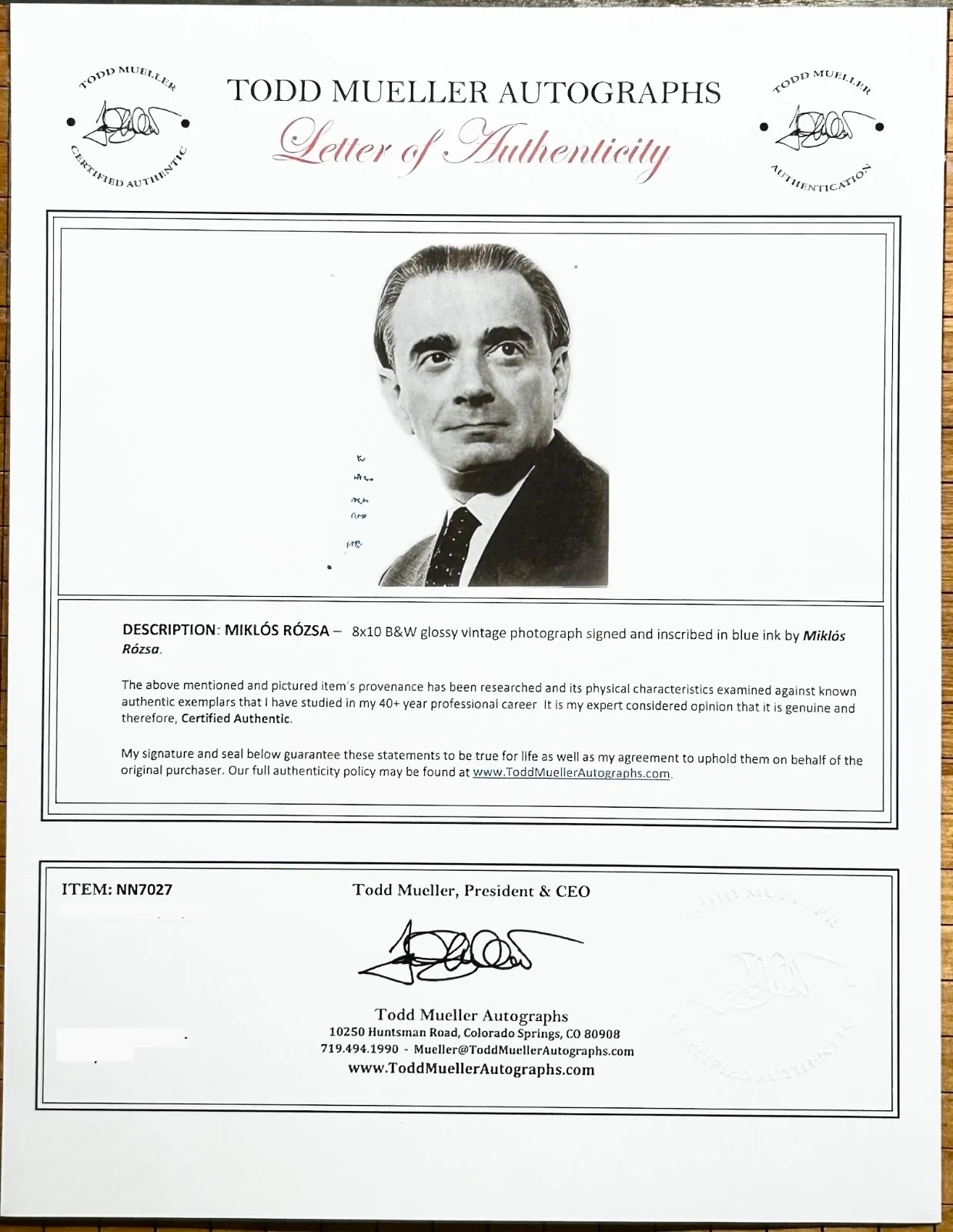 MIKLOS ROSZA—SIGNED PHOTO—17 AA Nom Scores•Hitchcock•Wilder•Powell•Steve Martin, изображение 4
