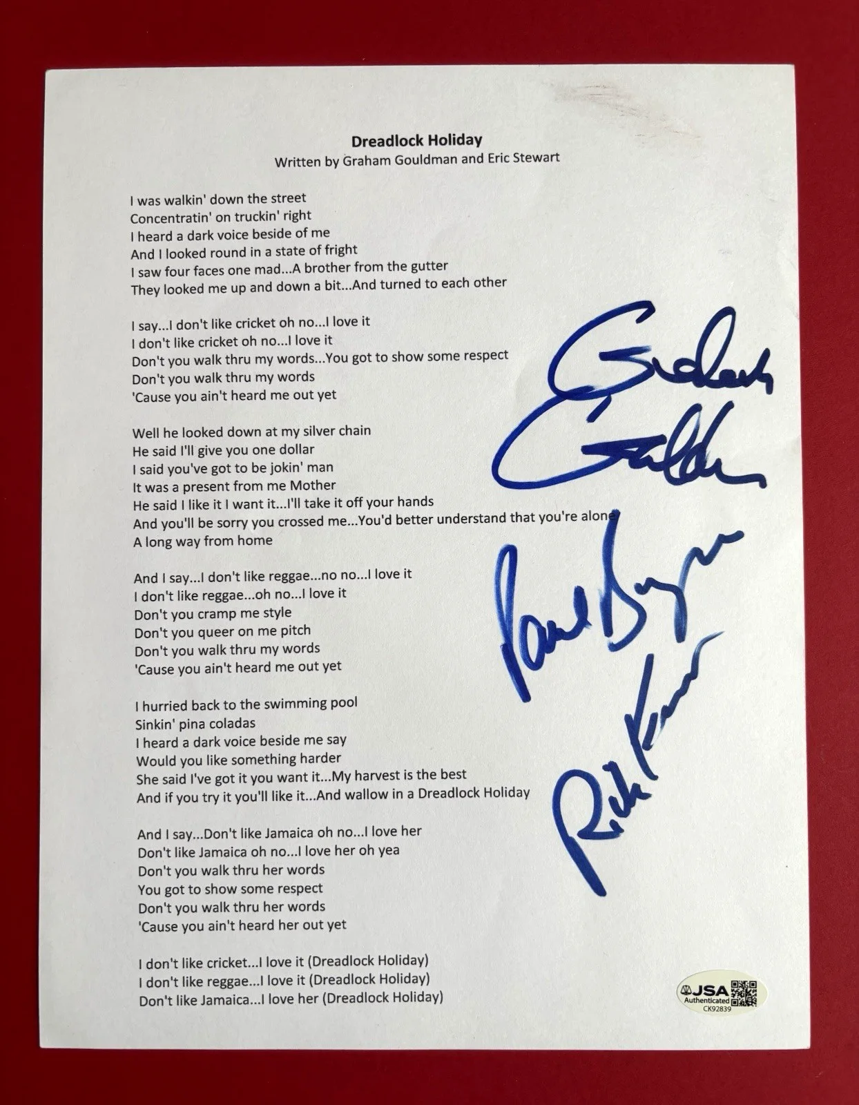 10CC Signed DREADLOCK HOLIDAY x3 Lyric Sheet JSA COA GOULDMAN Burgess FENN, изображение 2