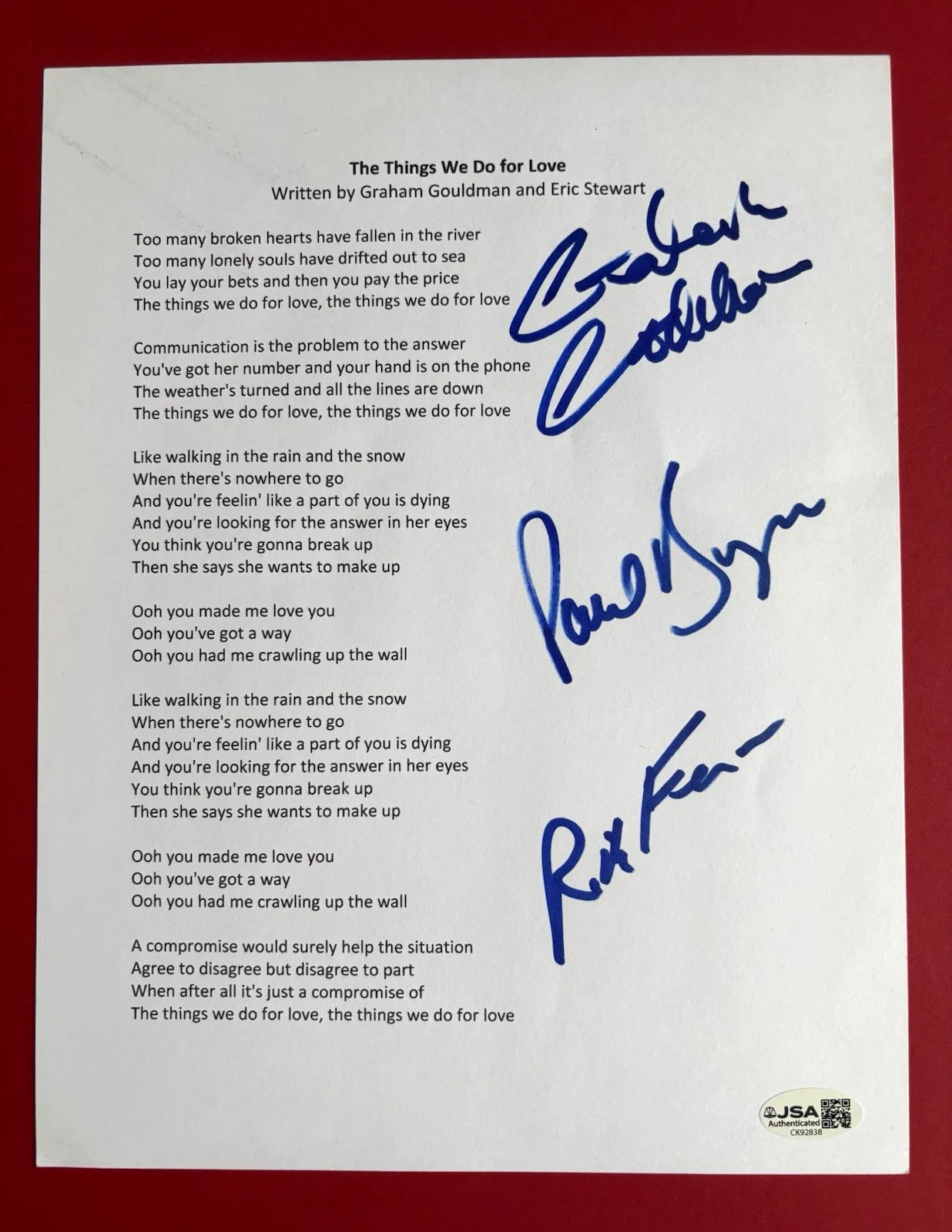 10CC Signed THINGS WE DO FOR Lyric Sheet x3 JSA COA GRAHAM GOULDMAN Burgess FENN, image 2