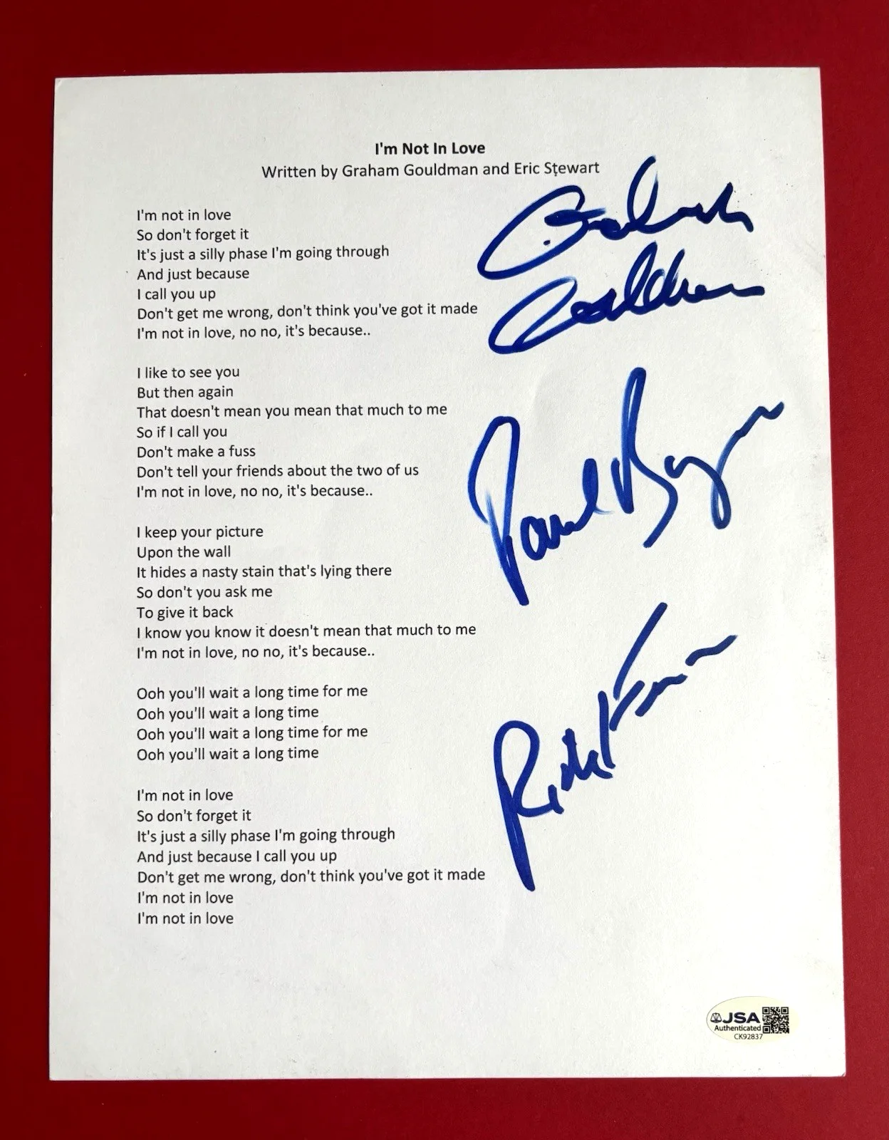 10CC Signed I’M NOT IN LOVE Lyric Sheet x3 JSA COA GRAHAM GOULDMAN Burgess FENN, изображение 2