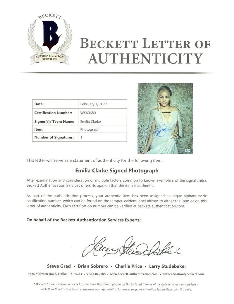 EMILIA CLARKE SIGNED 11x14 PHOTO DAENERYS GAME OF THRONES GOT RARE BECKETT BAS, изображение 3