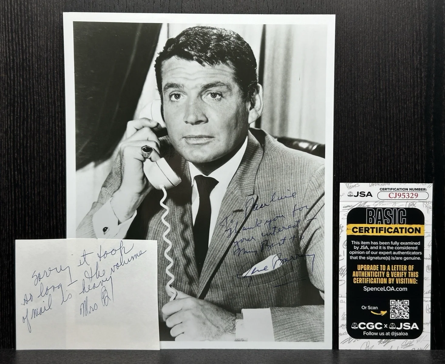 Gene Barry — GENE BARRY ORIGINAL SIGNED PHOTO w NOTE! Actor JSA COA Autograph BAT MASTERSON, image 2