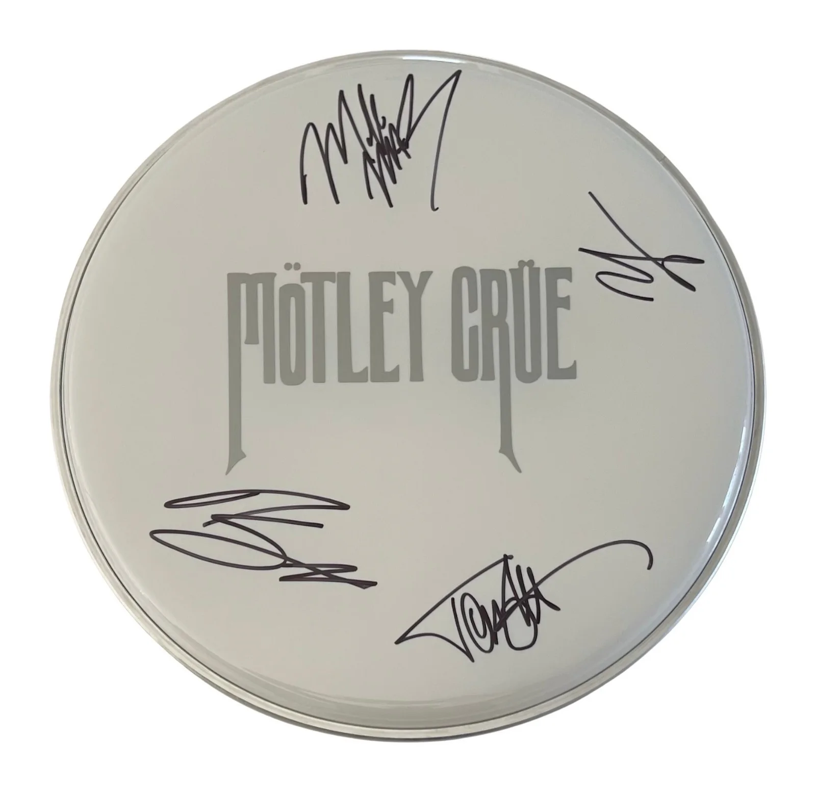 MOTLEY CRUE x4 TOMMY LEE Band Signed 12" Drumhead (White) ROGER EPPERSON COA, image 2