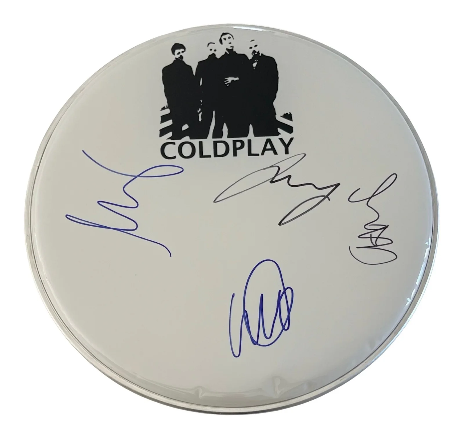 COLDPLAY x4 CHRIS MARTIN Band Signed 12" Drumhead (White) ROGER EPPERSON COA, image 2