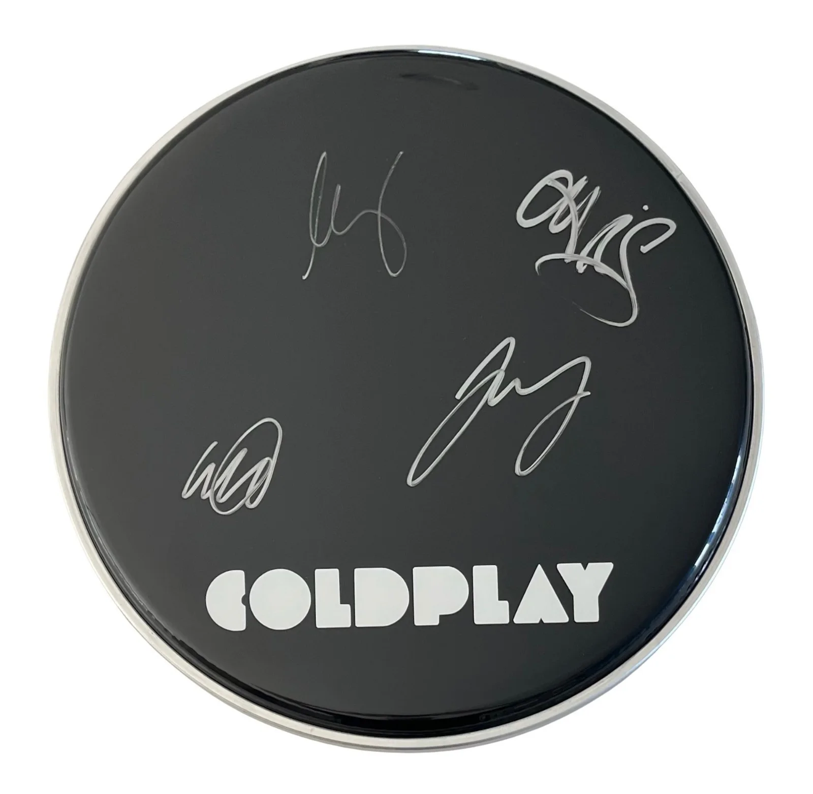 COLDPLAY x4 CHRIS MARTIN Band Signed 12" Drumhead (Black) ROGER EPPERSON COA, image 2