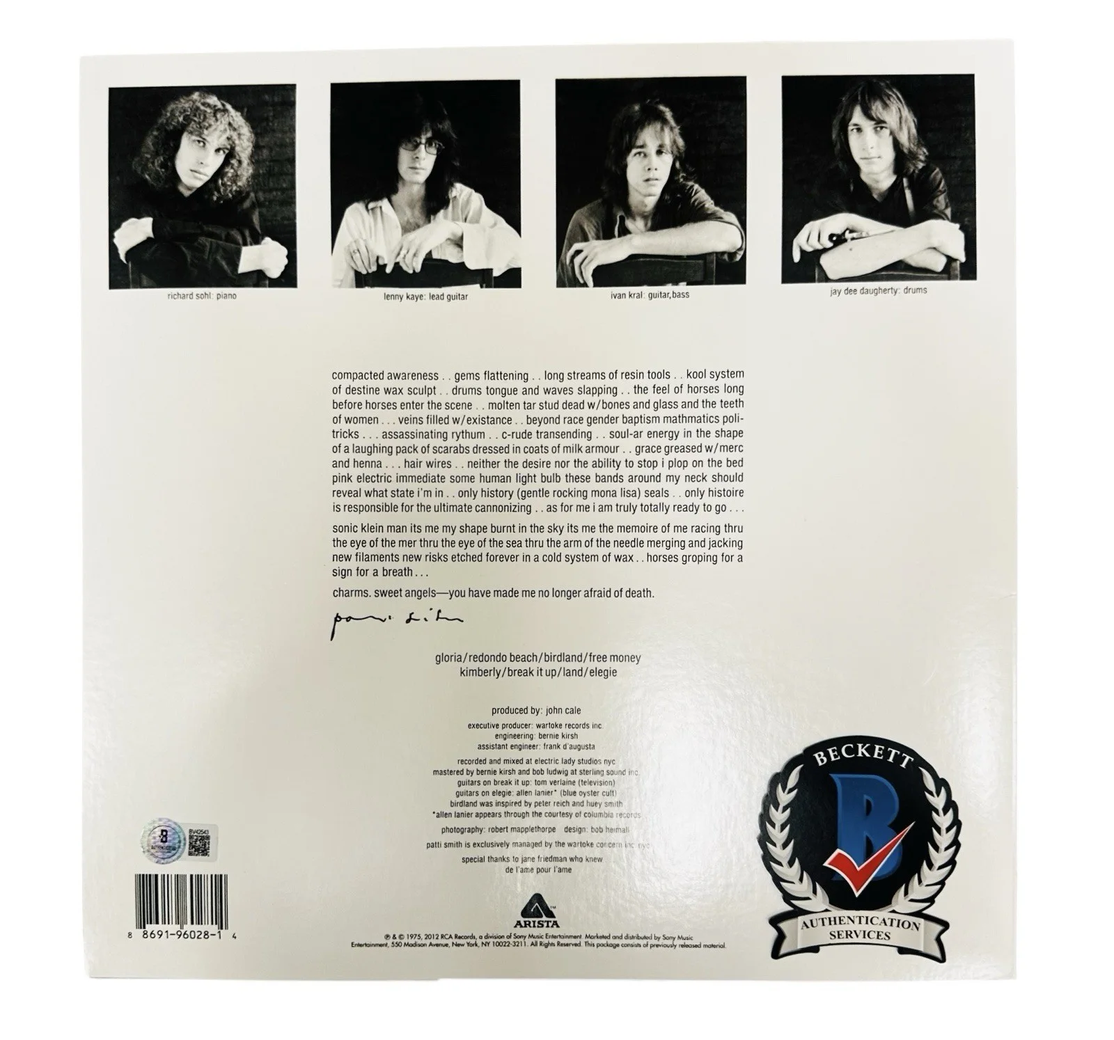 PATTI SMITH SIGNED HORSES LP VINYL RECORD ALBUM GLORIA AUTOGRAPH+BECKETT, изображение 2