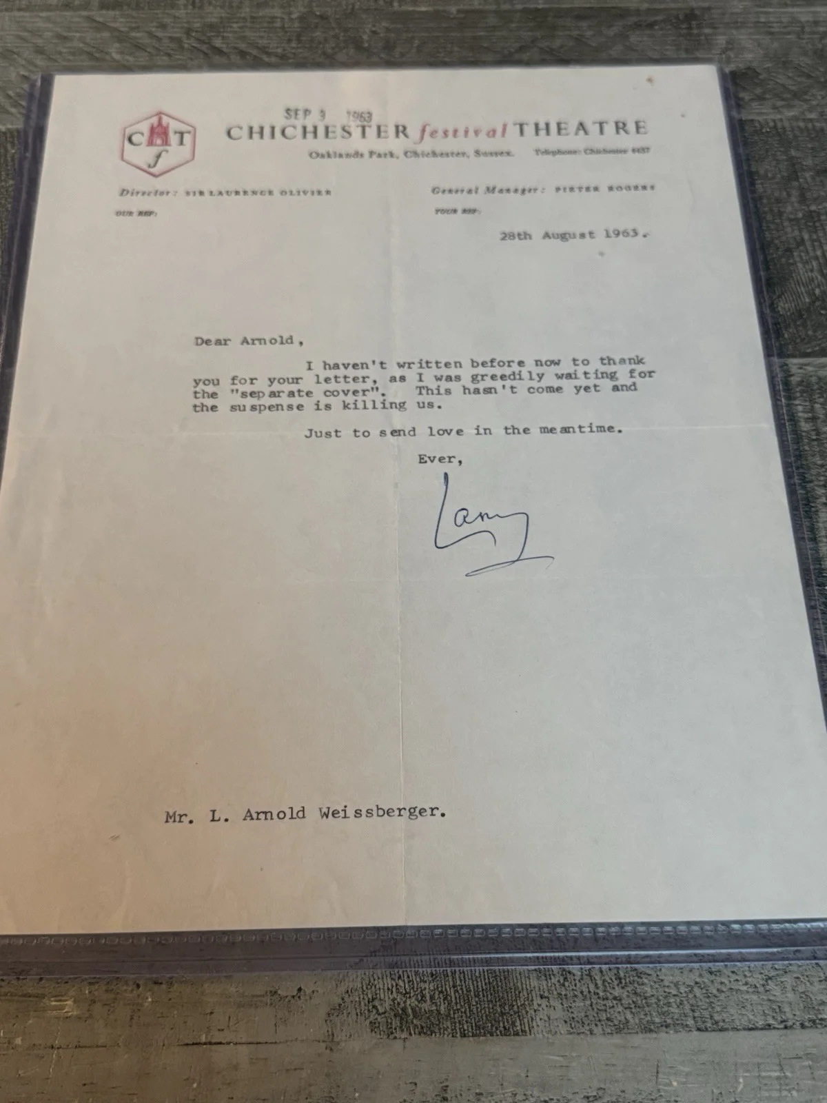 Laurence Olivier — Laurence Olivier Pair of Typed Letters Signed 1963 Autographed