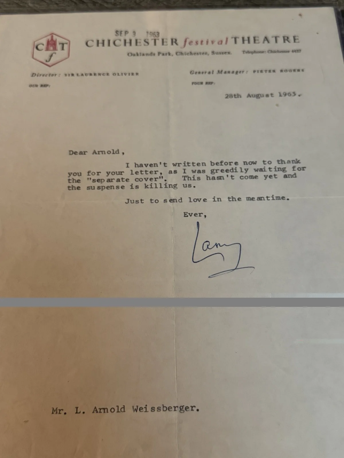 Laurence Olivier — Laurence Olivier Pair of Typed Letters Signed 1963 Autographed, изображение 3