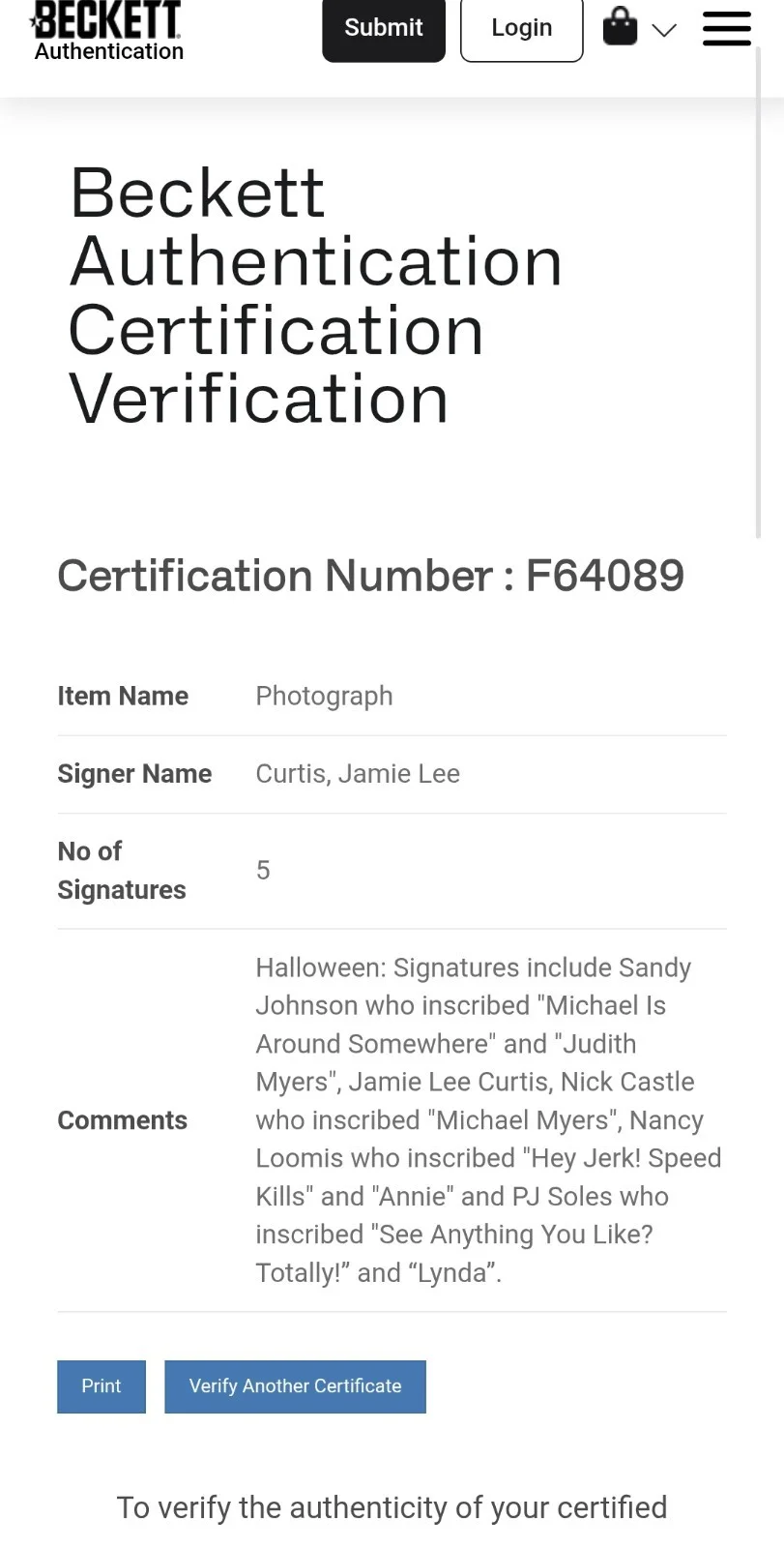 Jamie Lee Curtis, Nick Castle, Nancy Loomis, PJ Soles, Sandy Joh — Jamie Lee Curtis, Nick Castle, PJ Soles & 2 More Signed 12x18 Halloween Beckett, image 2