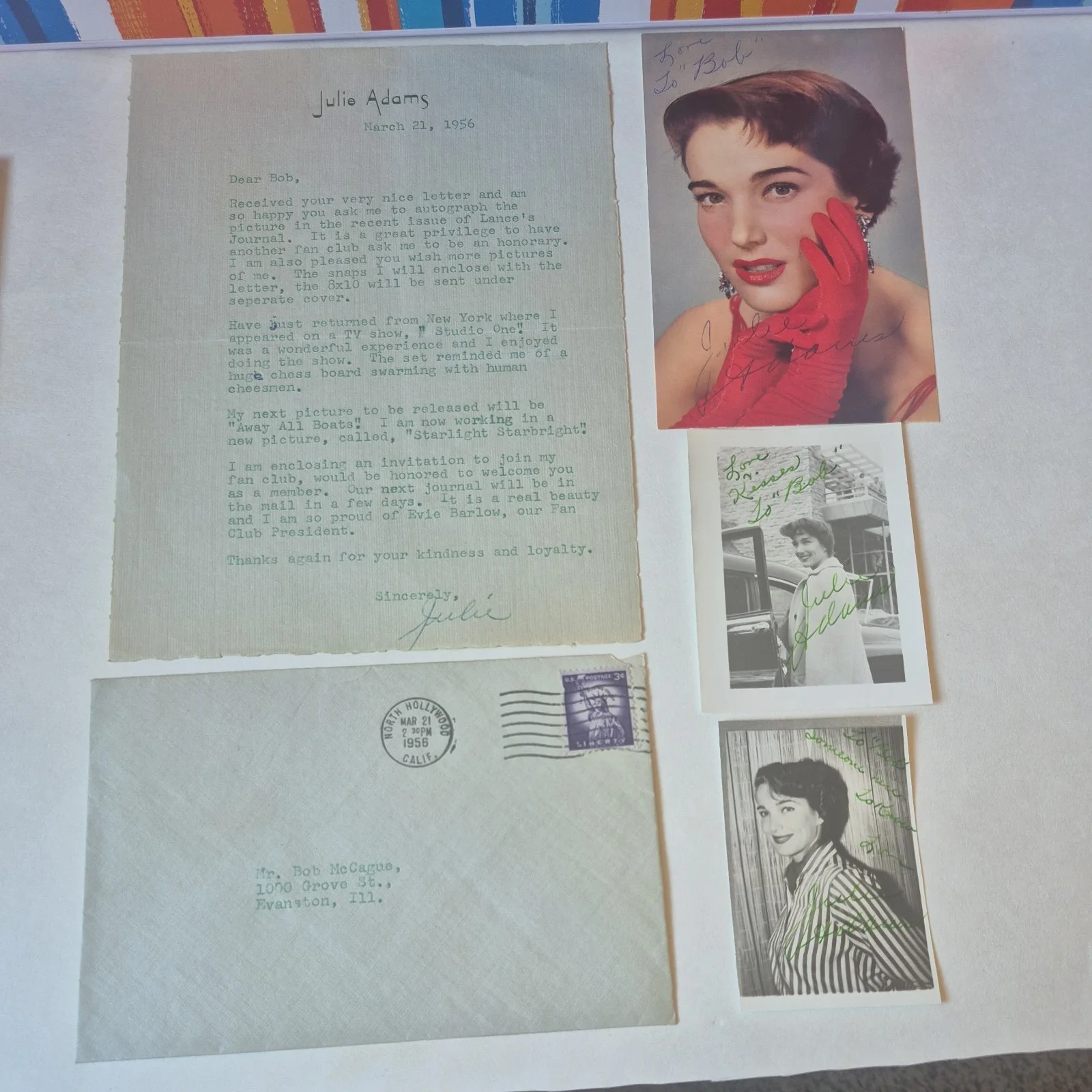Julie Adams — Set of 3 JULIE ADAMS Autographed photos with letter & envelopes, actress