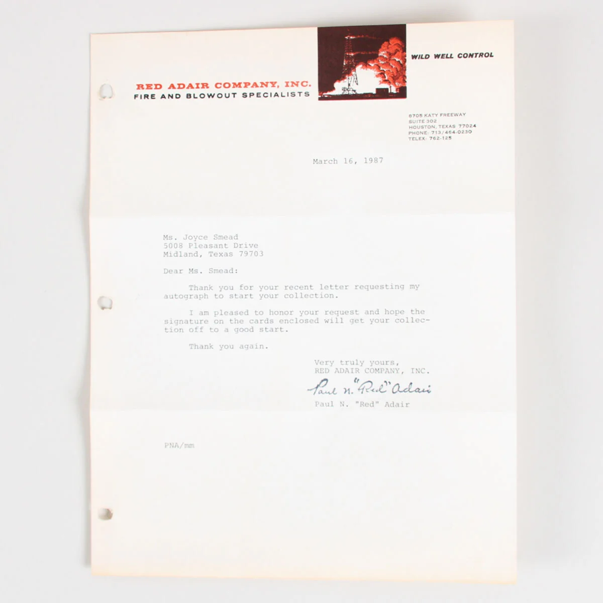 Paul Neal "Red" Adair Signed Letter & 3x5 Index Card - COA, изображение 3