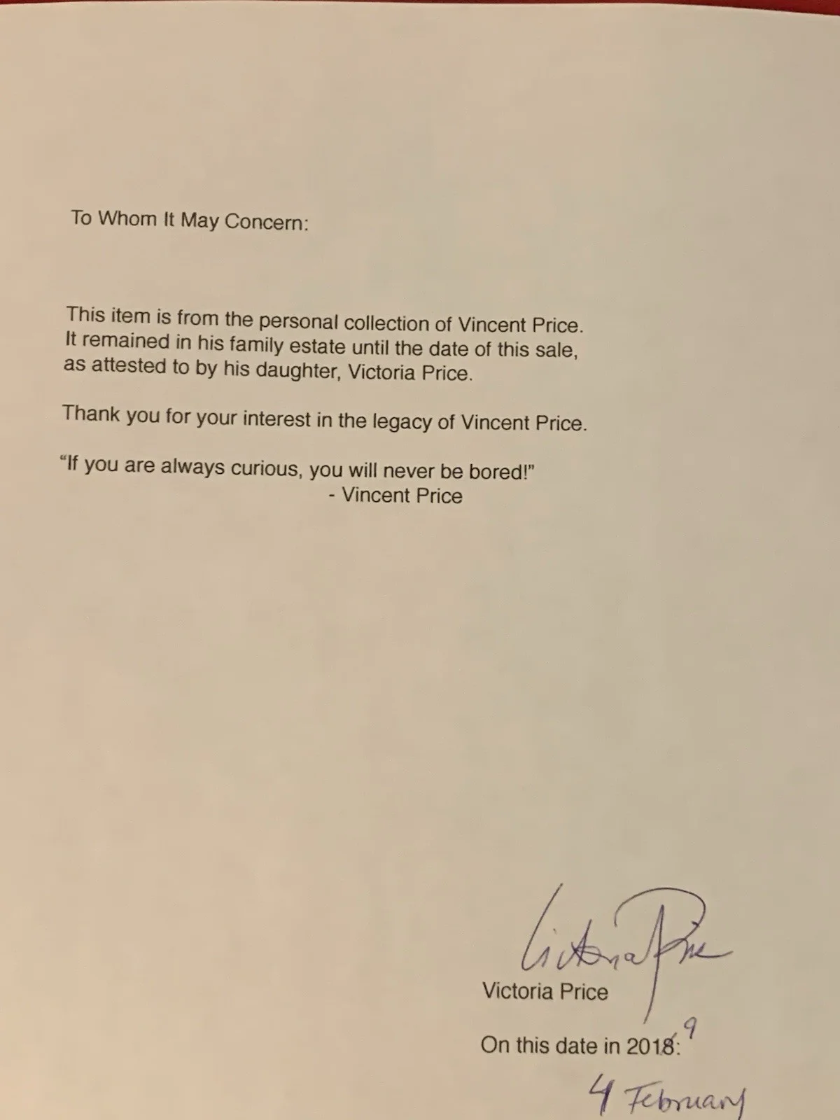 Vincent Price Estate Xerox Page Of Two-page Letter From Vincent Price! 20j, изображение 3