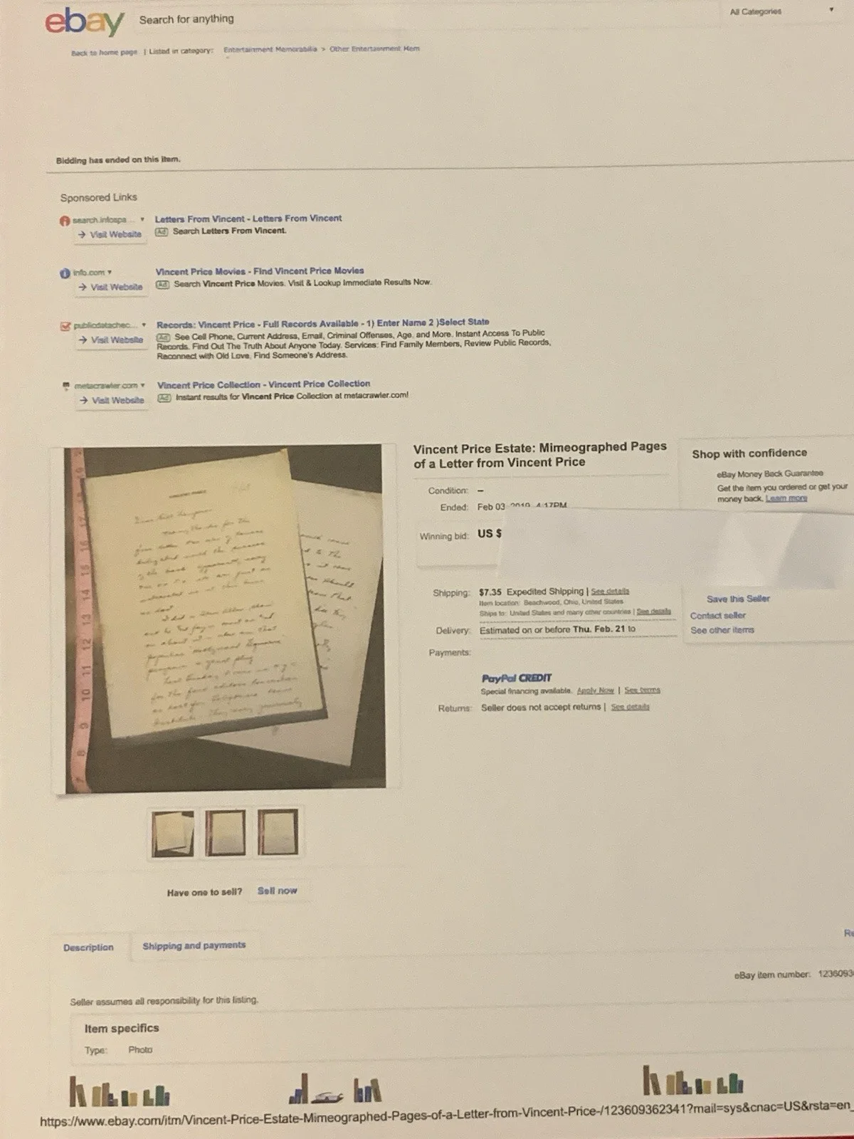 Vincent Price Estate Xerox Page Of Two-page Letter From Vincent Price! 20j, изображение 4