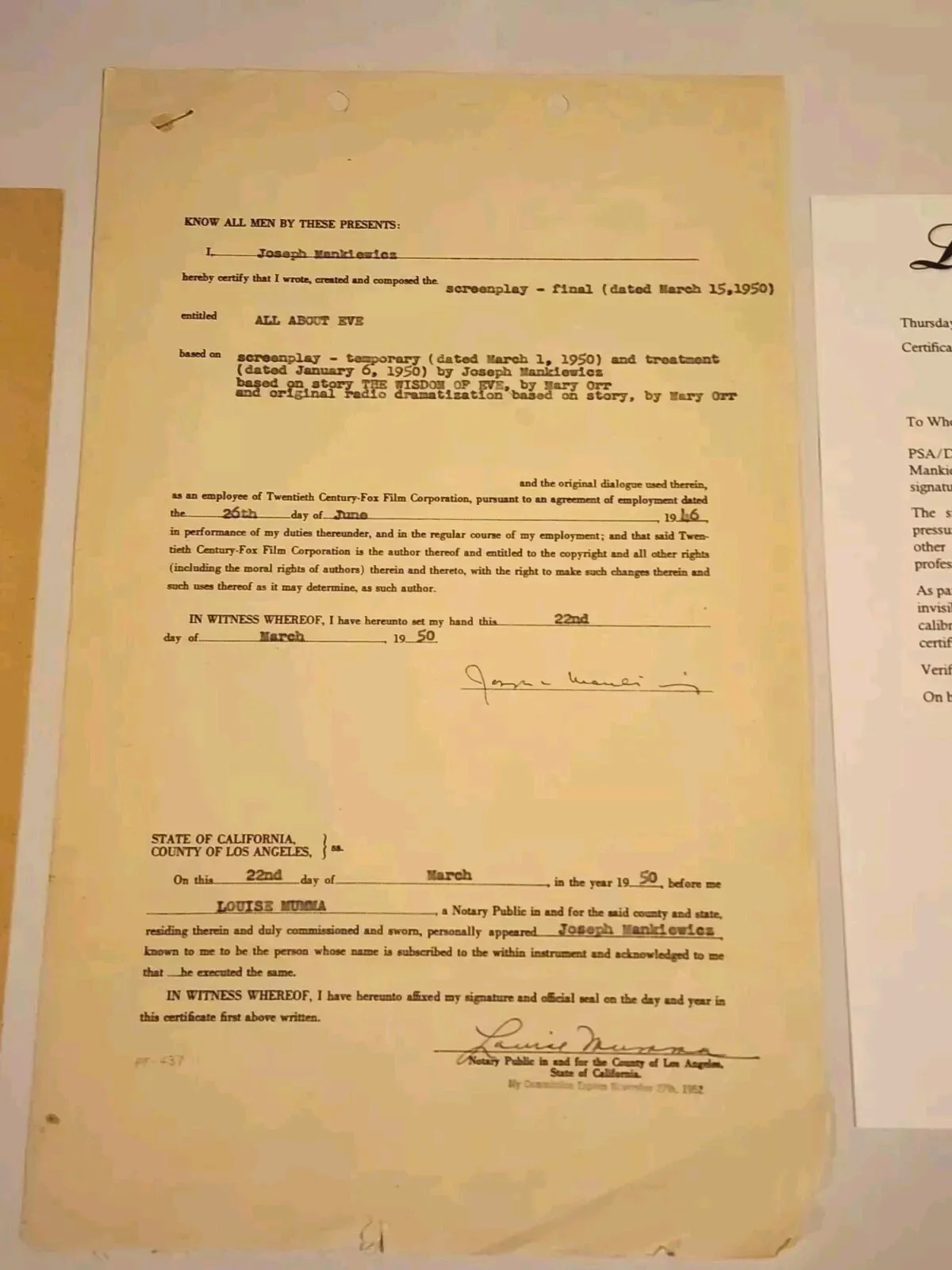 RARE All About Eve Screenplay Contract PSA DNA Signed Mankiewicz Autograph Auto, image 2