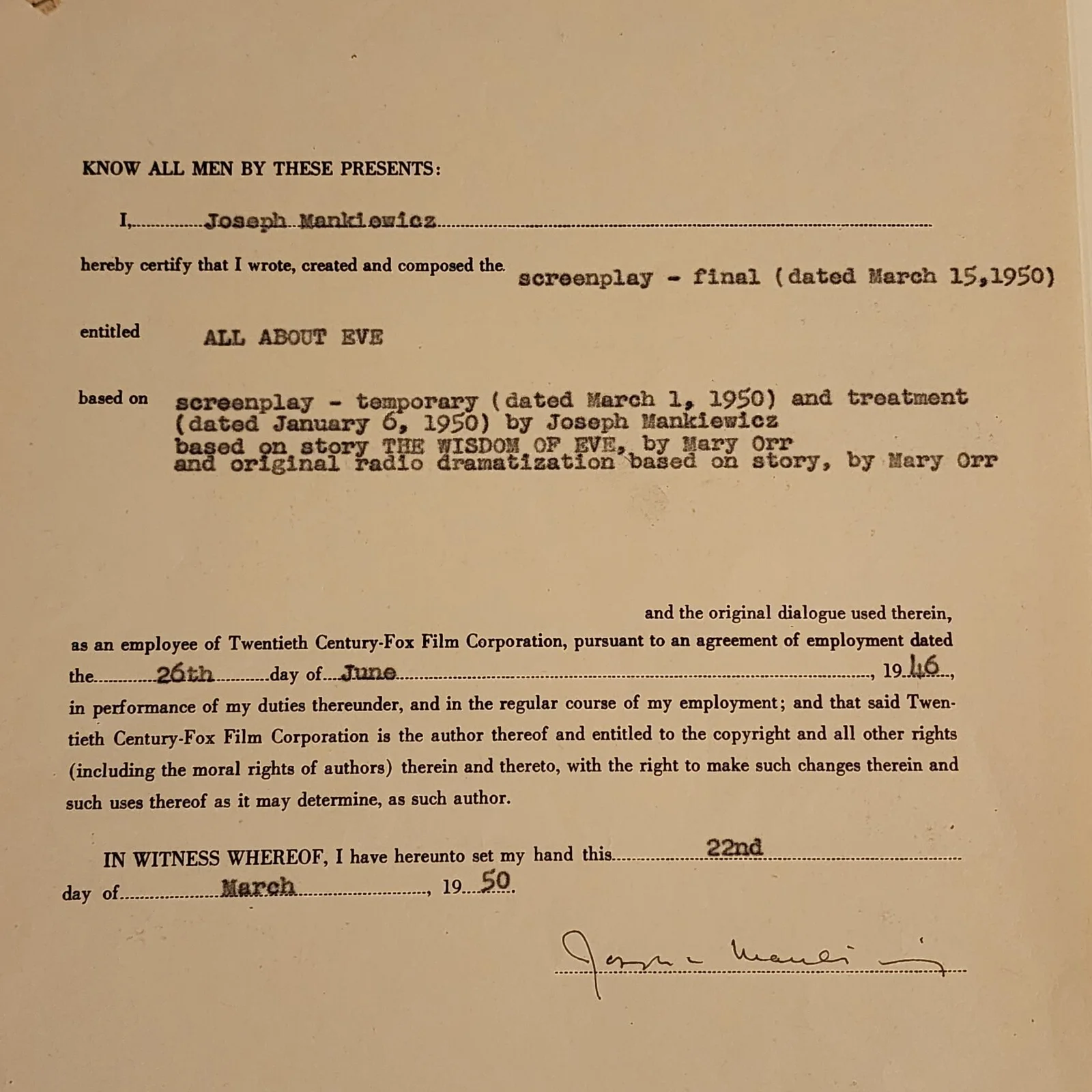 RARE All About Eve Screenplay Contract PSA DNA Signed Mankiewicz Autograph Auto, image 4