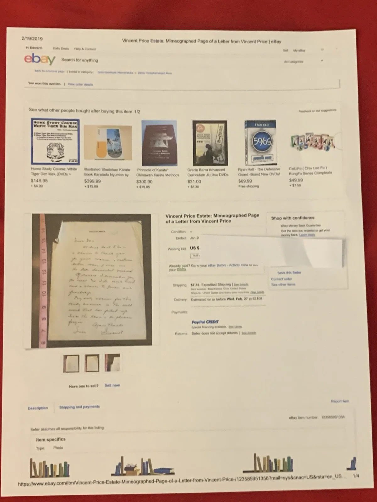 Vincent Price Estate Xerox Of 1968 Letter! Good content! 20h, изображение 5