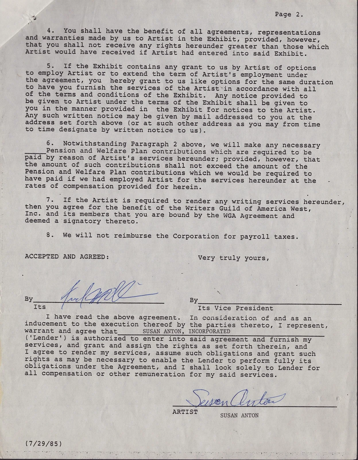 Susan Anton — SUSAN ANTON - CONTRACT SIGNED 01/23/1987, image 2