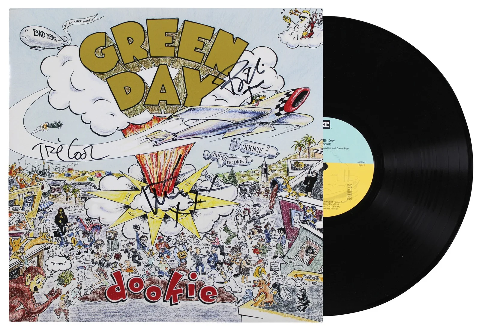 Billie Joe Armstrong, Mike Dirnt & Tre Cool — Green Day (3) Armstrong, Dirnt & Cool Signed Dookie Album Cover W/ Vinyl BAS