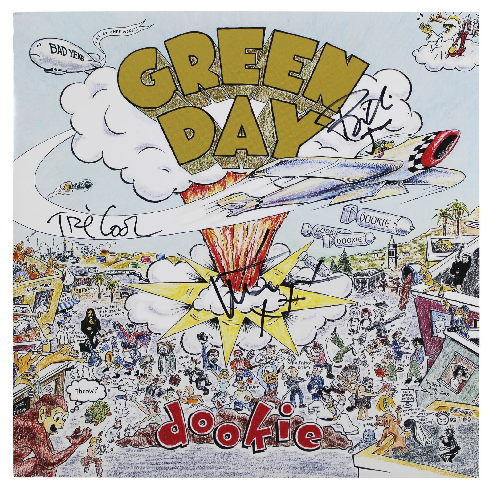 Billie Joe Armstrong, Mike Dirnt, Tre Cool — Green Day (3) Armstrong, Dirnt & Cool Signed Dookie Album Cover W/ Vinyl BAS, изображение 2