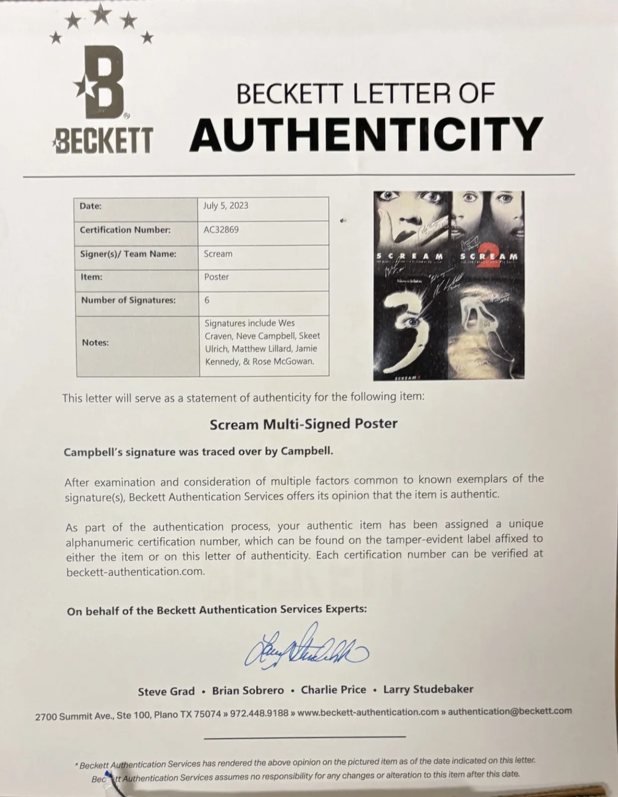 Scream Cast Signed 27x40 Poster Craven Campbell Lillard +3 Beckett BAS LOA, image 2