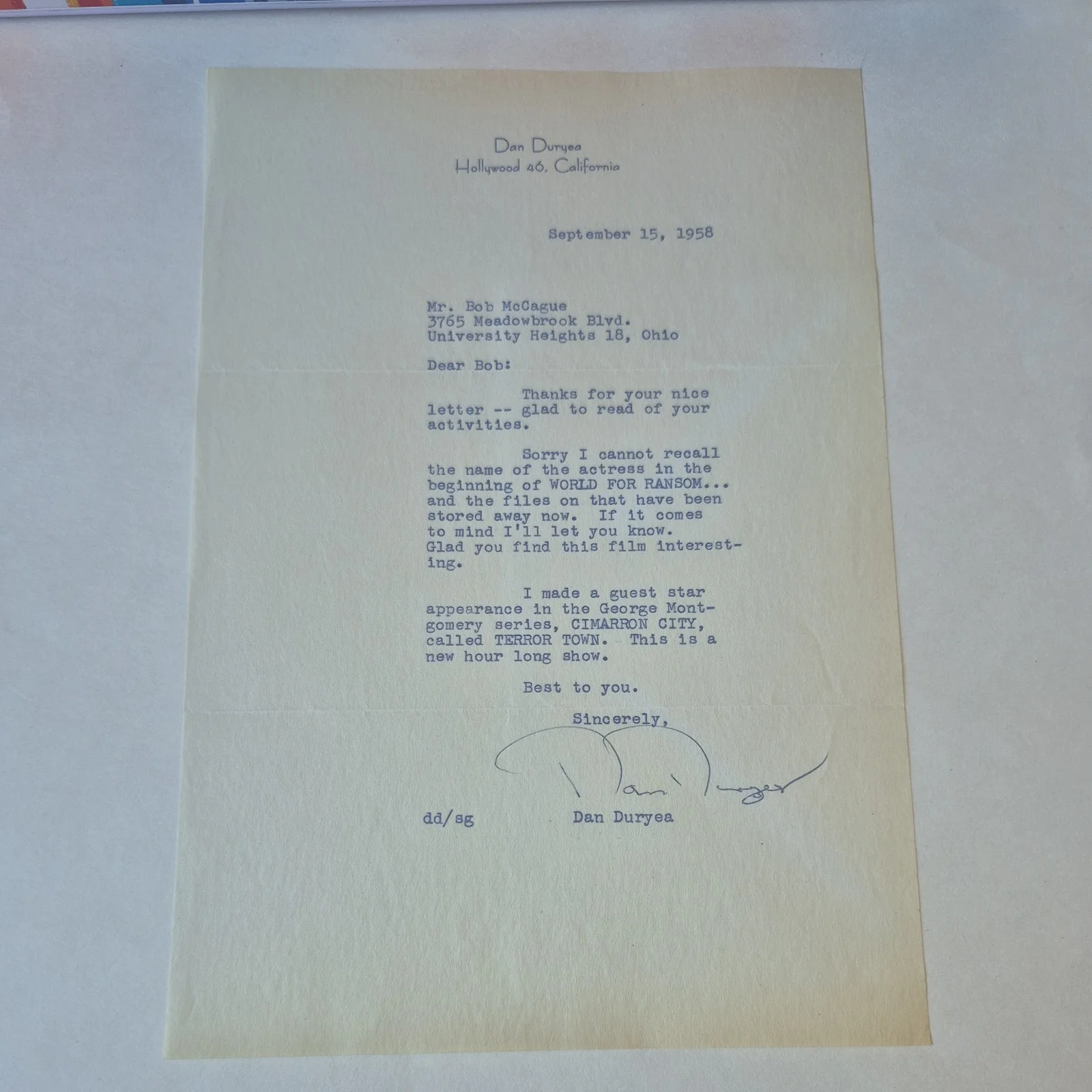 Dan Duryea — DAN DURYEA signed Letter is on a Dan Duryea Letterhead & envelope, image 2